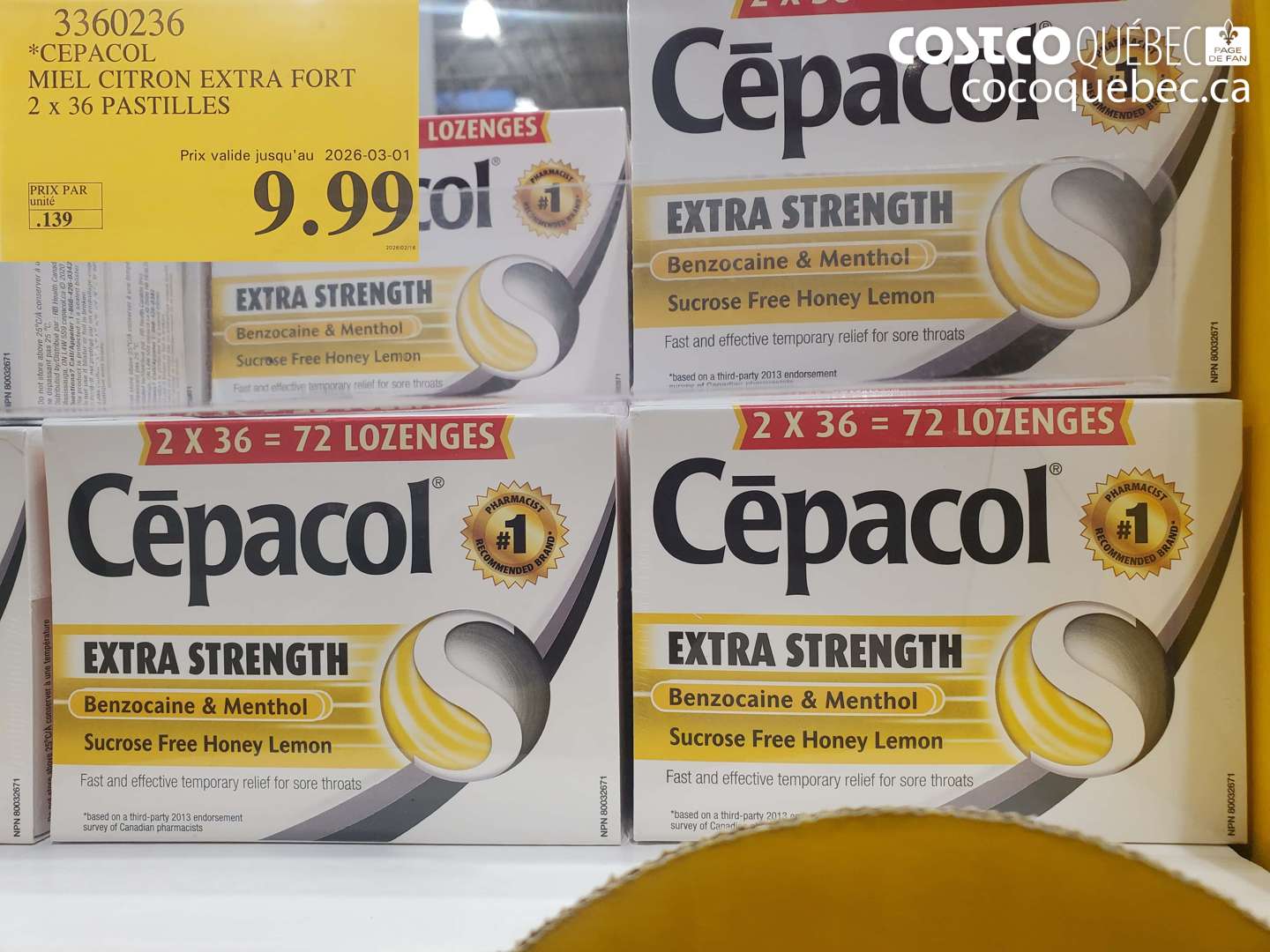 3360236 CEPACOL MIEL CITRON EXTRA FORT 2 x 36 PASTILLES (EXPIRES ON 2026-03-01) $9.99