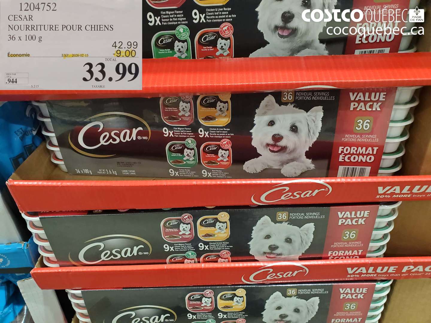 1204752 CESAR NOURRITURE POUR CHIENS 36 x 100 g ($9.00 INSTANT SAVINGS EXPIRES ON 2026-02-15) $33.99