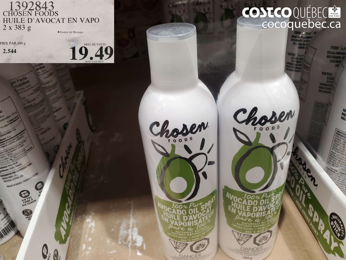 1392843 CHOSEN FOODS HUILE D'AVOCAT EN VAPO 2 x 383 g $19.49