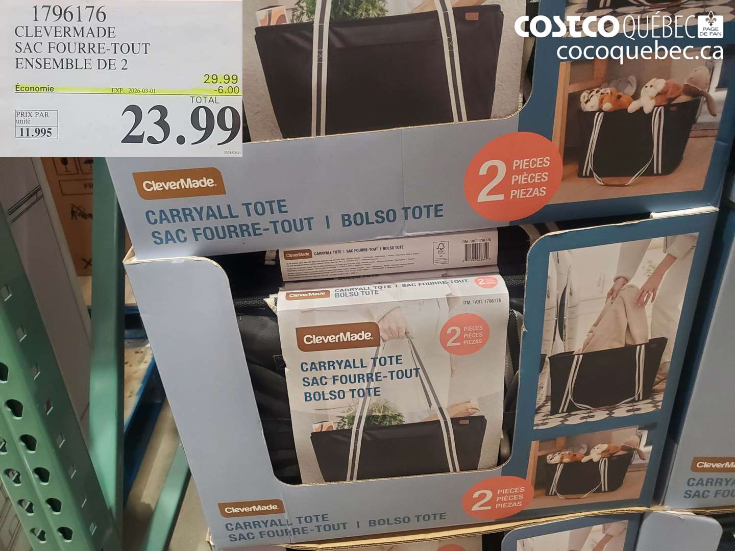 1796176 CLEVERMADE SAC FOURRE-TOUT ENSEMBLE DE 2 ($6.00 INSTANT SAVINGS EXPIRES ON 2026-03-01) $23.99