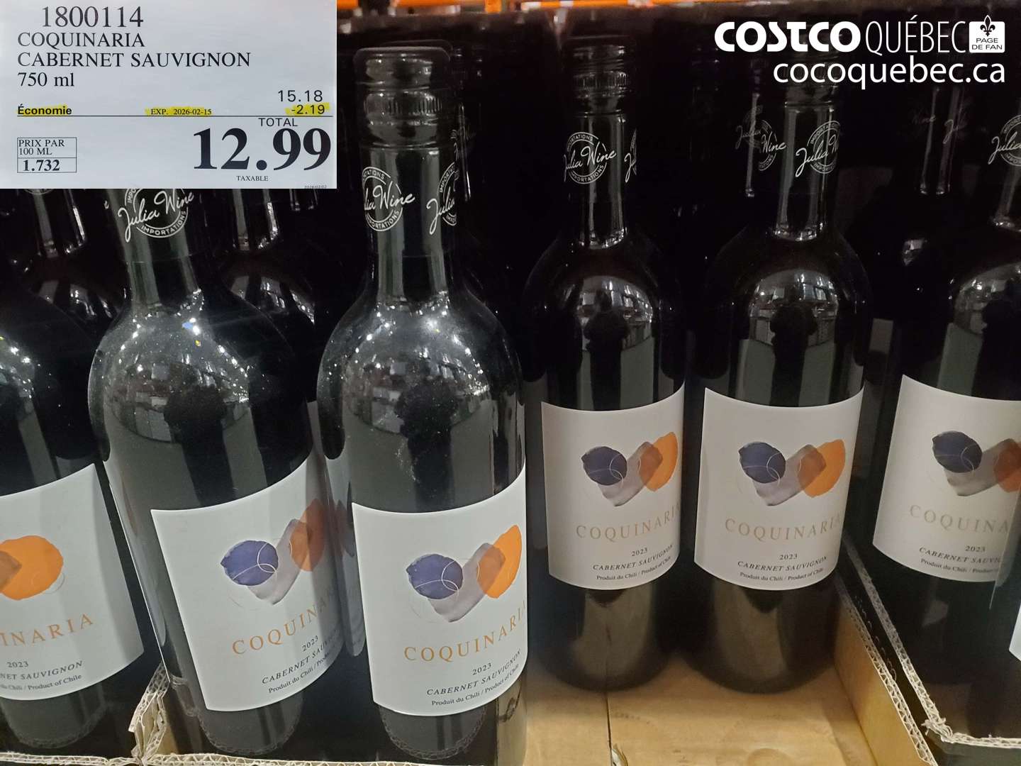 1800114 COQUINARIA CABERNET SAUVIGNON 750 ml ($2.19 INSTANT SAVINGS EXPIRES ON 2026-02-15) $12.99