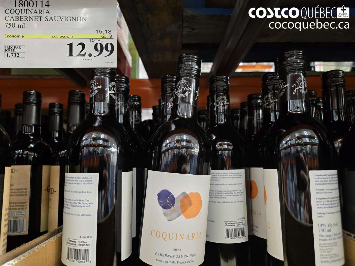 1800114 COQUINARIA CABERNET SAUVIGNON 750 ml ($2.19 INSTANT SAVINGS EXPIRES ON 2026-02-15) $12.99