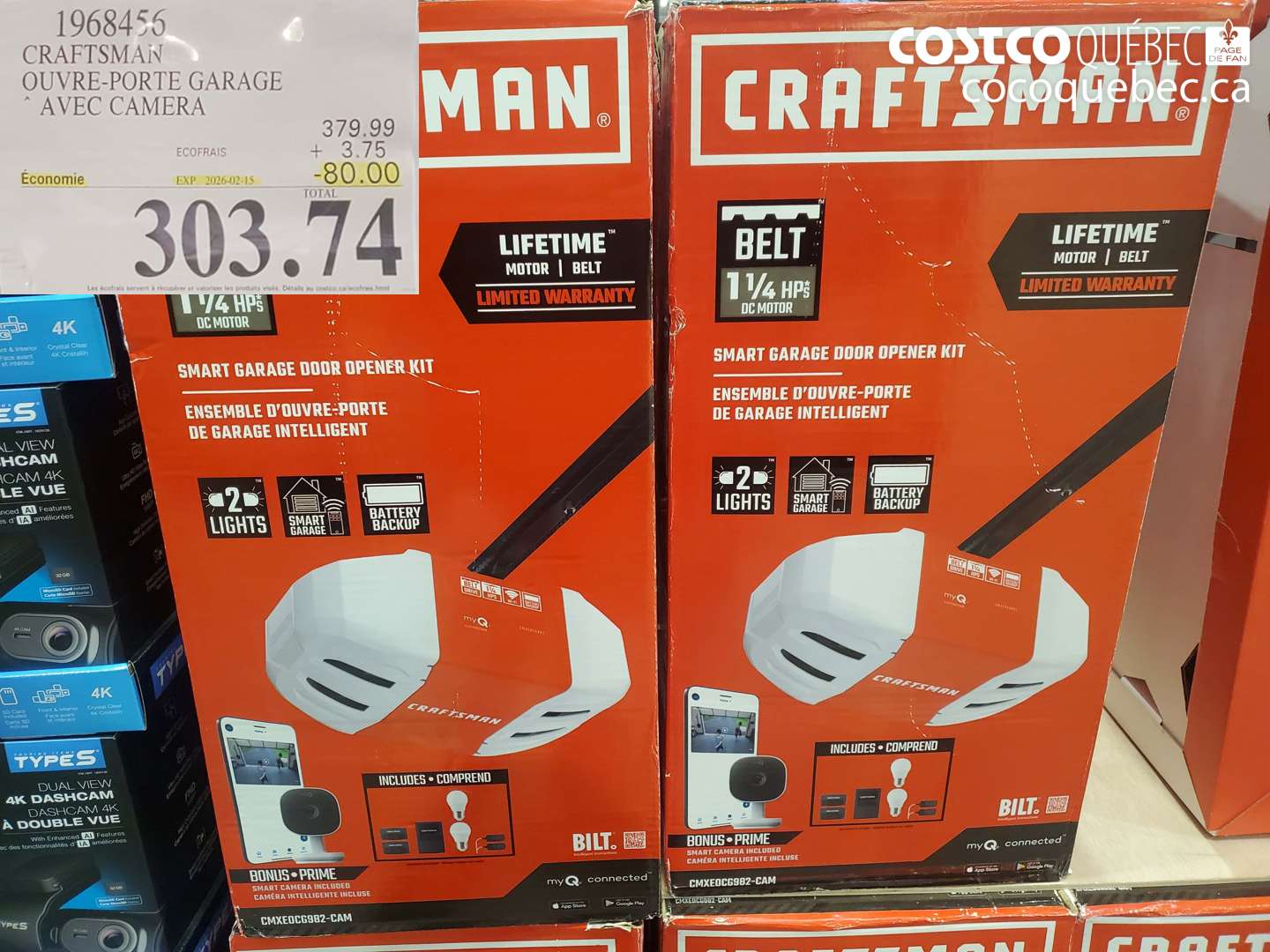 1968456 CRAFTSMAN OUVRE-PORTE GARAGE AVEC CAMERA ($80.00 INSTANT SAVINGS EXPIRES ON 2026-02-15) $303.74