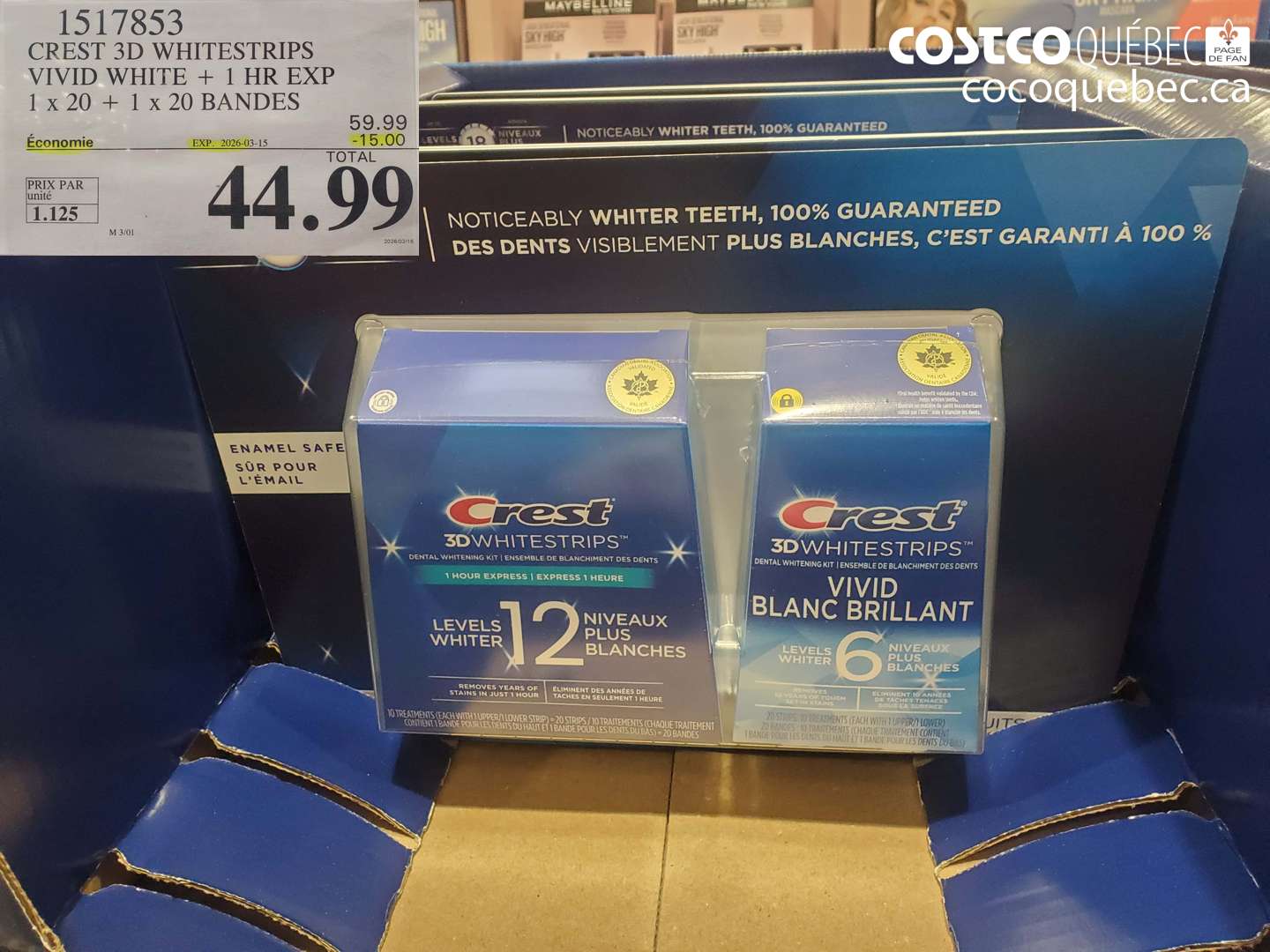 1517853 CREST 3D WHITESTRIPS VIVID WHITE + 1 HR EXP 1 X 20 + 1 X 20 BANDES ($15.00 INSTANT SAVINGS EXPIRES ON 2026-03-15) $44.99