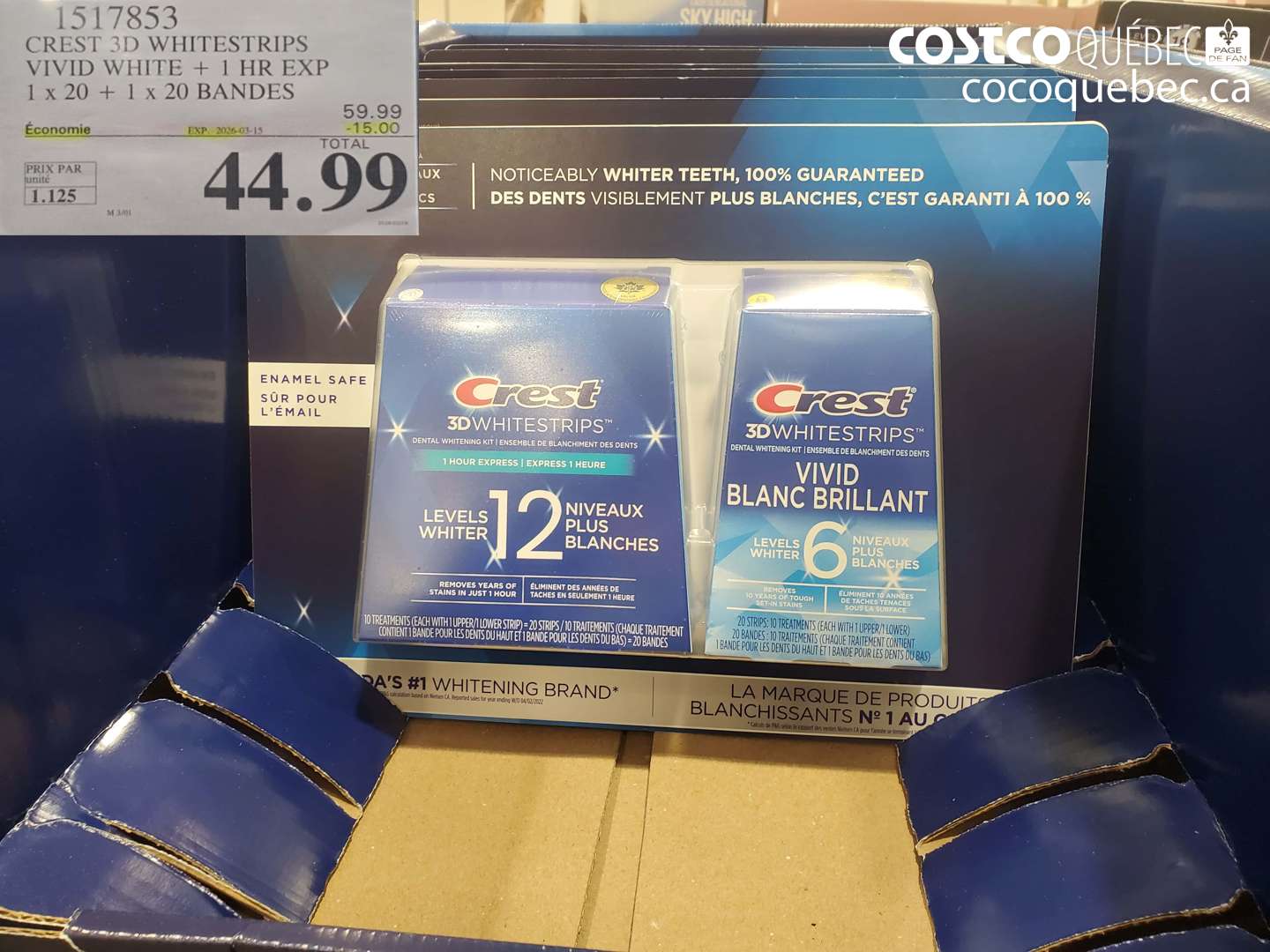 1517853 CREST 3D WHITESTRIPS VIVID WHITE + 1 HR EXP 1 x 20 + 1 x 20 BANDES ($15.00 INSTANT SAVINGS EXPIRES ON 2026-03-15) $44.99