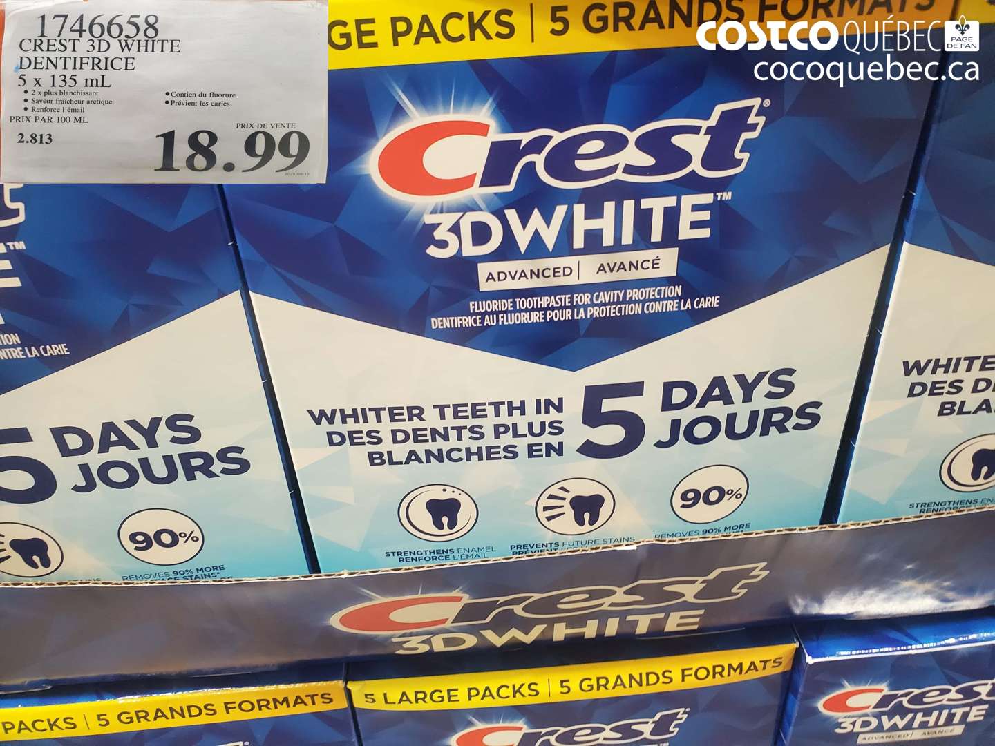 1746658 CREST 3D WHITE DENTIFRICE 5 X 135 ML $18.99