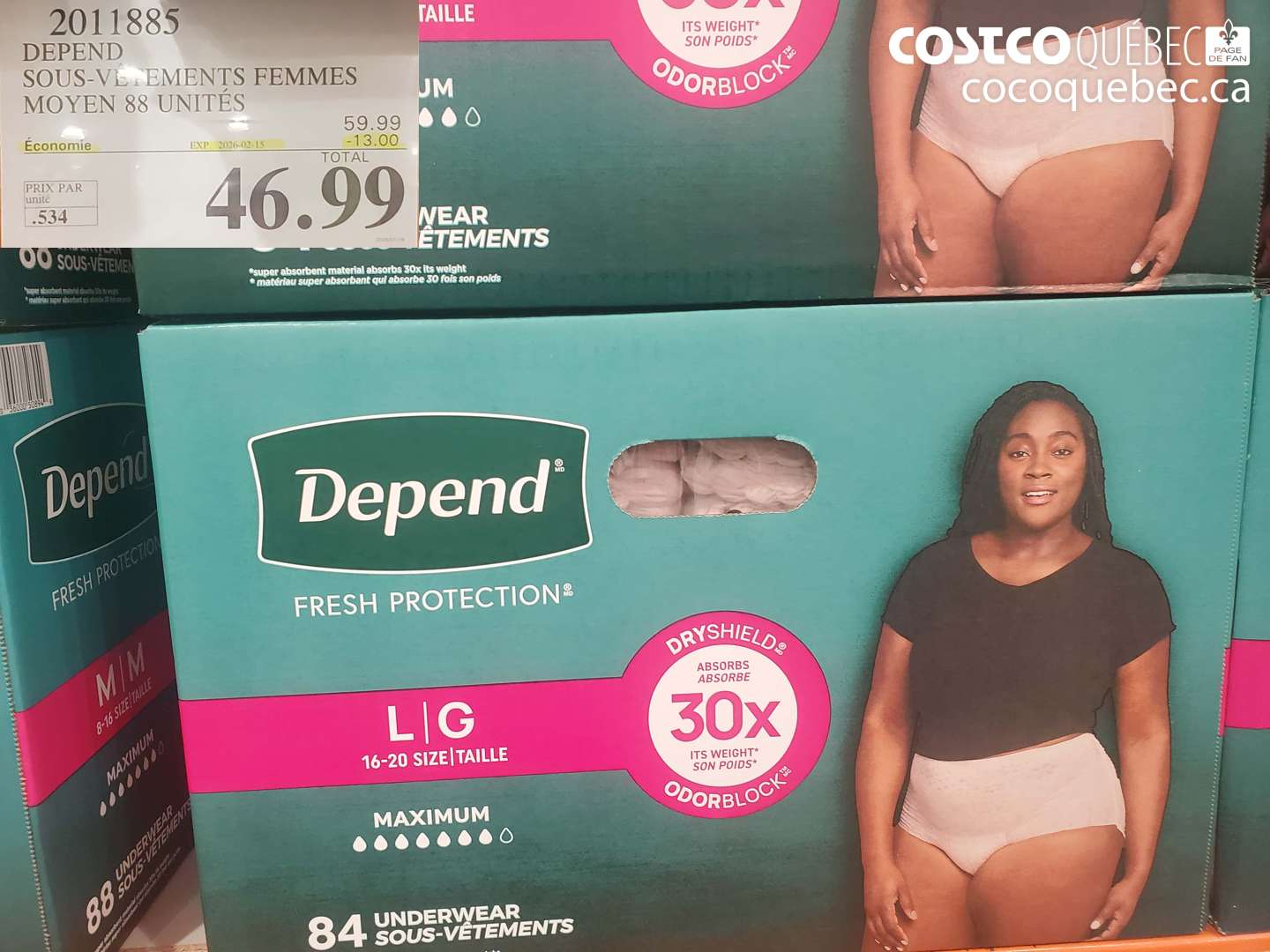 2011885 DEPEND SOUS-VÊTEMENTS FEMMES MOYEN 88 UNITES ($13.00 INSTANT SAVINGS EXPIRES ON 2026-02-15) $46.99