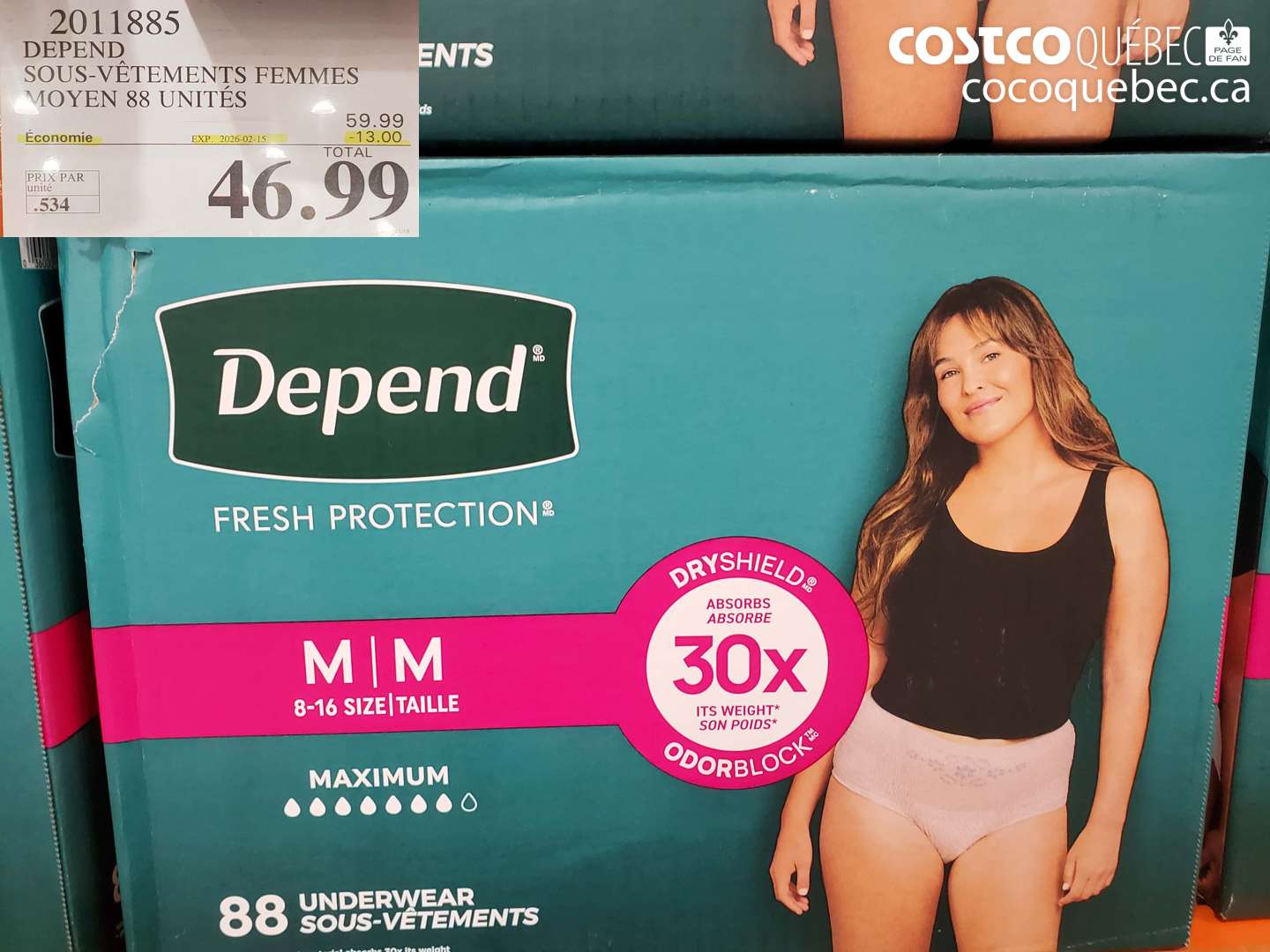 2011885 DEPEND SOUS-VÊTEMENTS FEMMES MOYEN 88 UNITÉS ($13.00 INSTANT SAVINGS EXPIRES ON 2026-02-15) $46.99