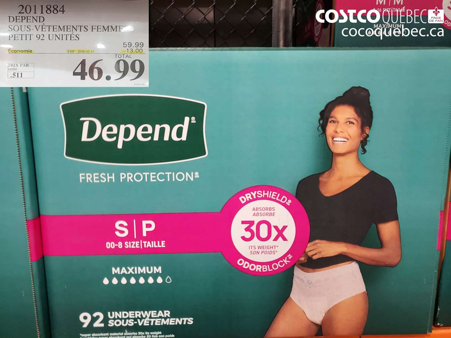 2011884 DEPEND SOUS-VÊTEMENTS FEMME PETIT 92 UNITÉS ($13.00 INSTANT SAVINGS EXPIRES ON 2026-02-15) $46.99