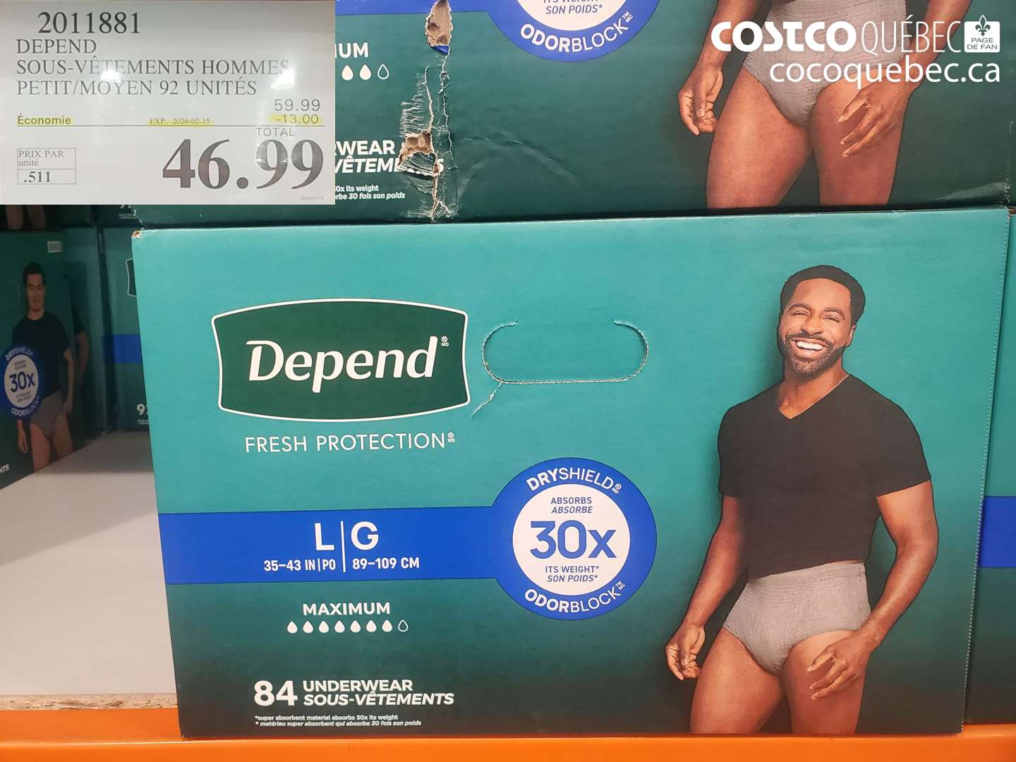 2011881 DEPEND SOUS-VÊTEMENTS HOMMES PETIT/MOYEN 92 UNITÉS ($13.00 INSTANT SAVINGS EXPIRES ON 2026-02-15) $46.99