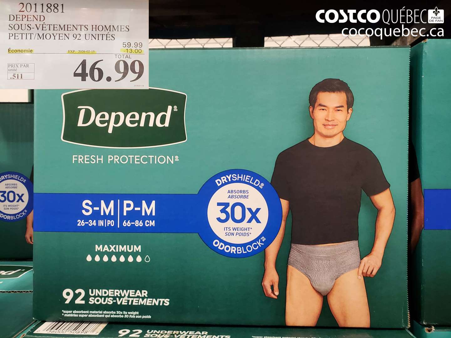 2011881 DEPEND SOUS-VÊTEMENTS HOMMES PETIT/MOYEN 92 UNITÉS ($13.00 INSTANT SAVINGS EXPIRES ON 2026-02-15) $46.99