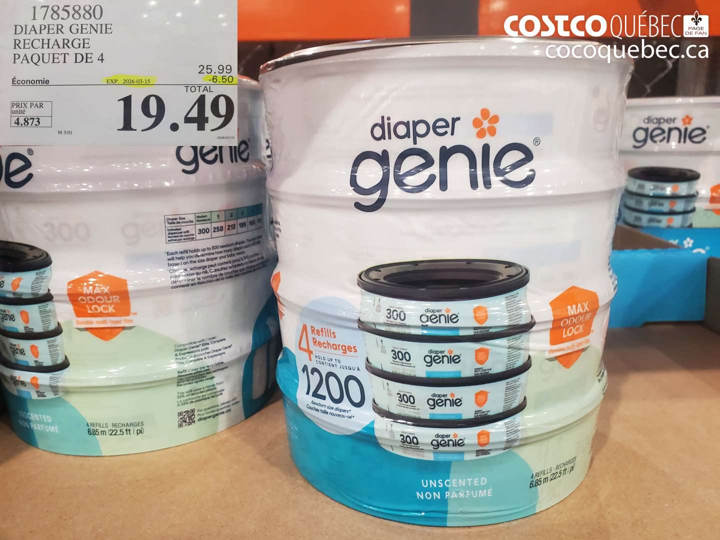 1785880 DIAPER GENIE RECHARGE PAQUET DE 4 ($6.50 INSTANT SAVINGS EXPIRES ON 2026-03-15) $19.49