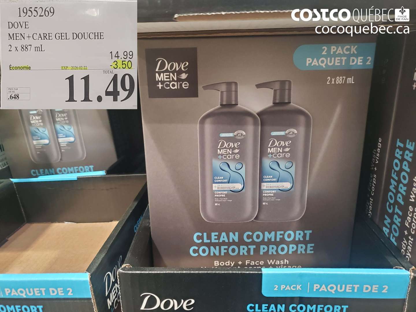 1955269 DOVE MEN+CARE GEL DOUCHE 2 x 887 mL ($3.50 INSTANT SAVINGS EXPIRES ON 2026-02-22) $11.49