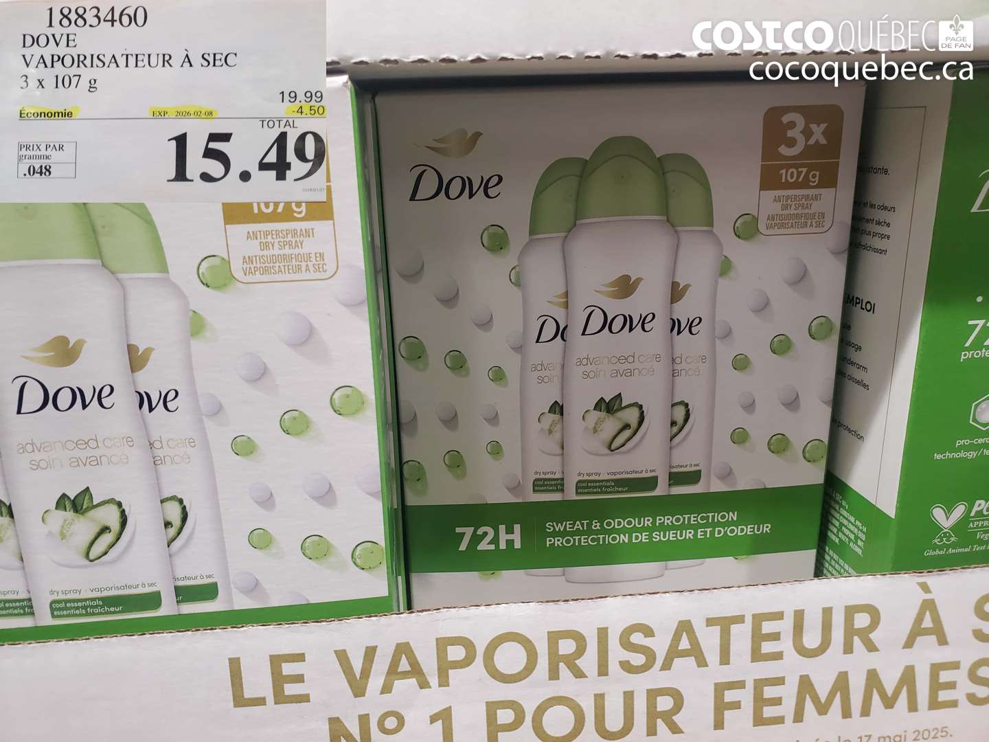 1883460 DOVE VAPORISATEUR À SEC 3 x 107 g ($4.50 INSTANT SAVINGS EXPIRES ON 2026-02-08) $15.49