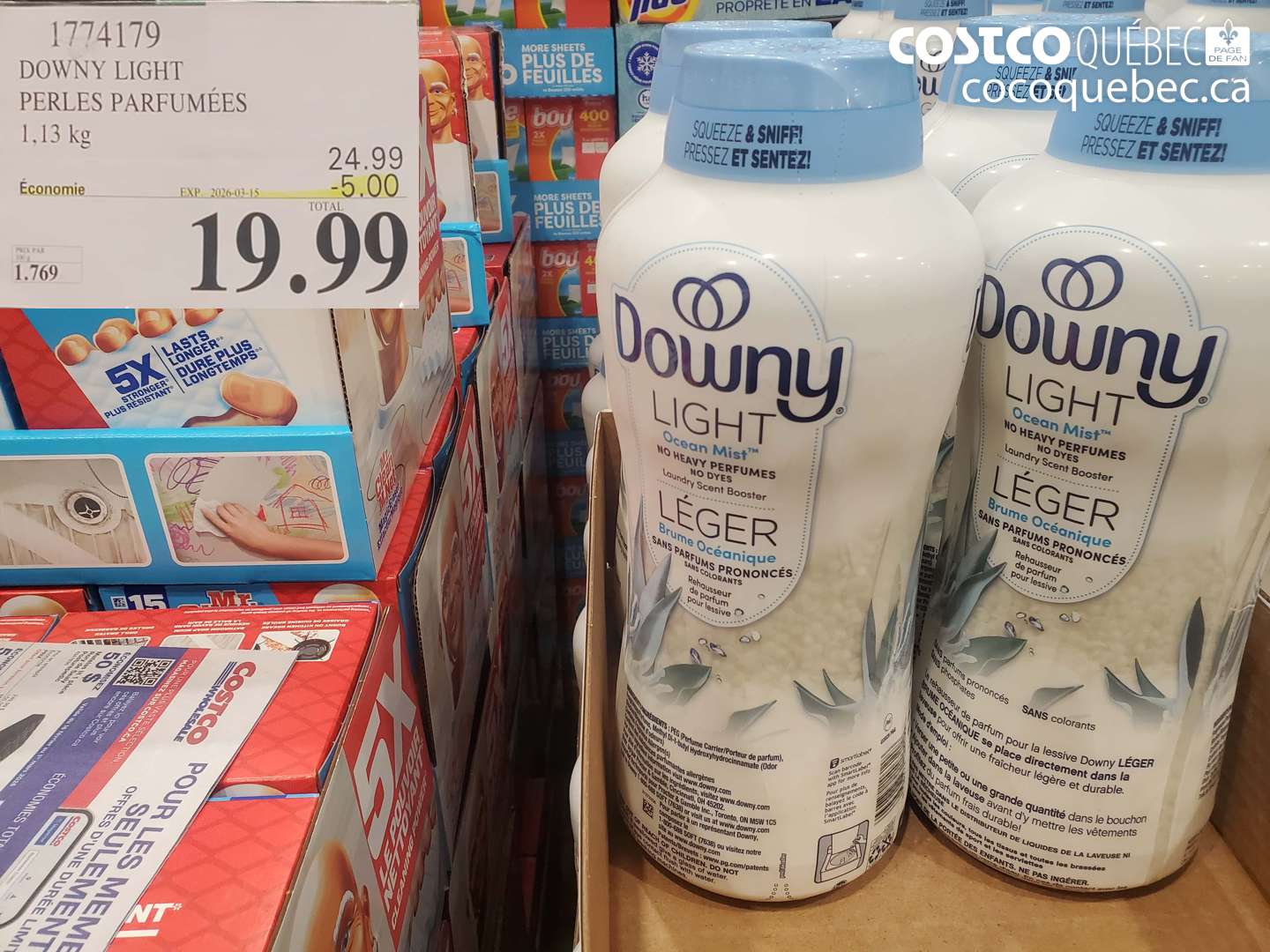 1774179 DOWNY LIGHT PERLES PARFUMÉES 1,13 KG ($5.00 INSTANT SAVINGS EXPIRES ON 2026-03-15) $19.99