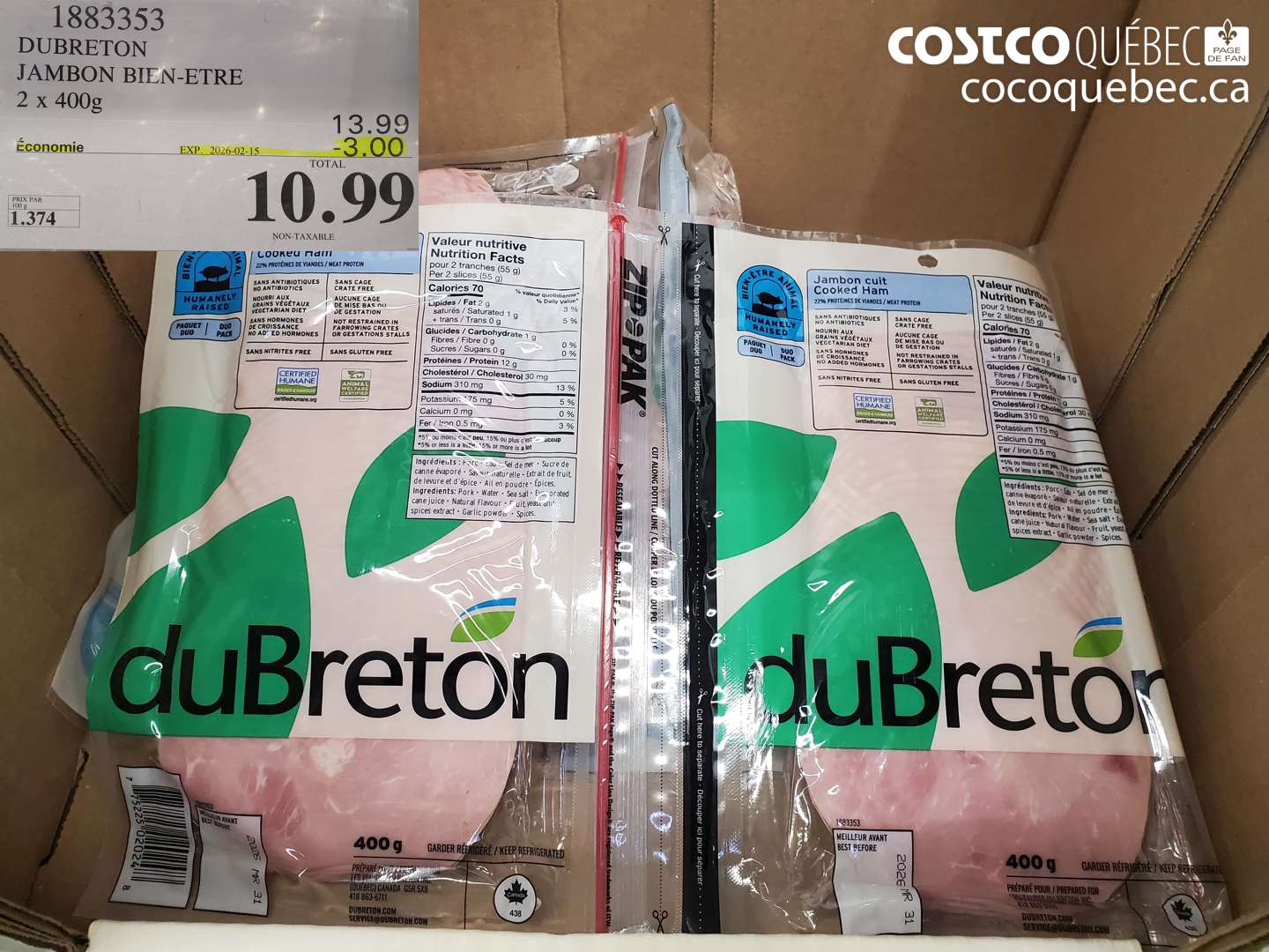 1883353 DUBRETON JAMBON BIEN-ETRE 2 x 400g ($3.00 INSTANT SAVINGS EXPIRES ON 2026-02-15) $10.99