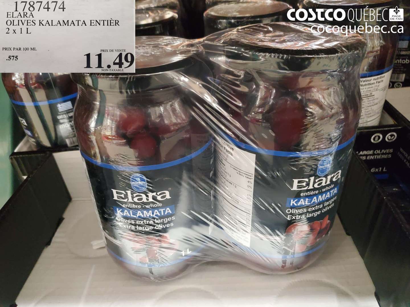 1787474 ELARA OLIVES KALAMATA ENTIER 2 x 1 L $11.49