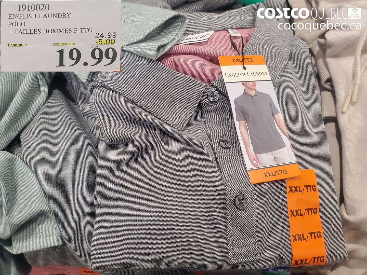 1910020 ENGLISH LAUNDRY POLO + TAILLES HOMMES P-TTG ($5.00 INSTANT SAVINGS EXPIRES ON 2026-03-01) $19.99