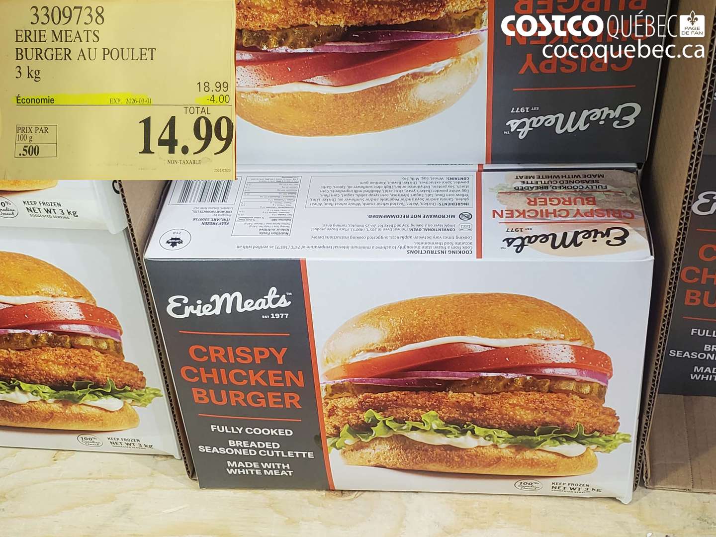 3309738 ERIE MEATS BURGER AU POULET 3 KG ($4.00 INSTANT SAVINGS EXPIRES ON 2026-03-01) $14.99