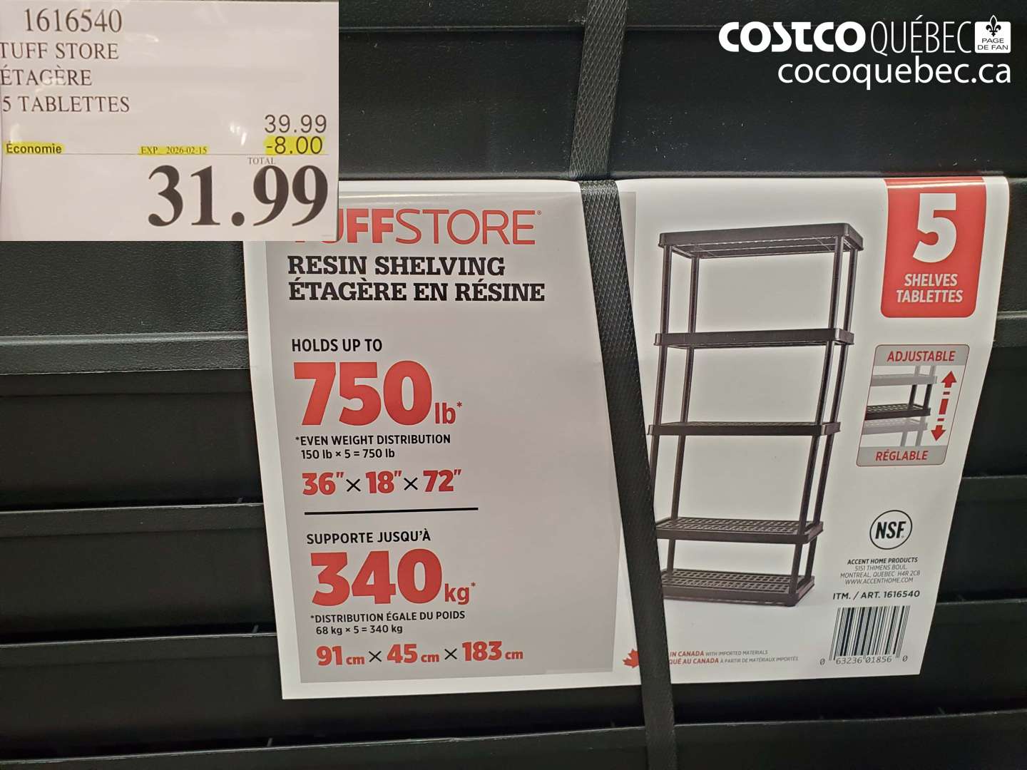 1616540 ÉTAGÈRE 5 TABLETTES ($8.00 INSTANT SAVINGS EXPIRES ON 2026-02-15) $31.99