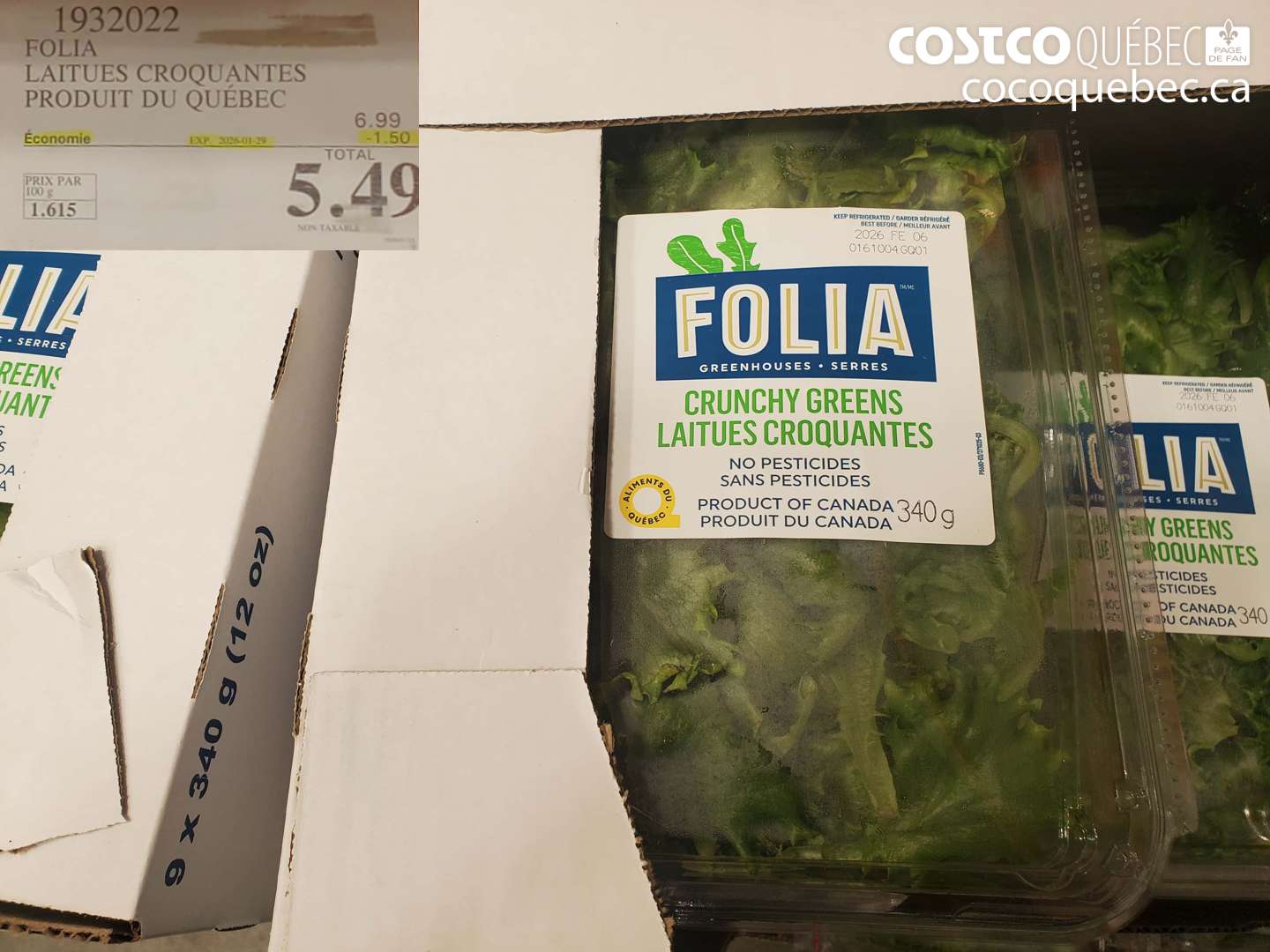 1932022 FOLIA LAITUES CROQUANTES PRODUIT DU QUÉBEC ($1.50 INSTANT SAVINGS EXPIRES ON 2026-01-29) $5.49