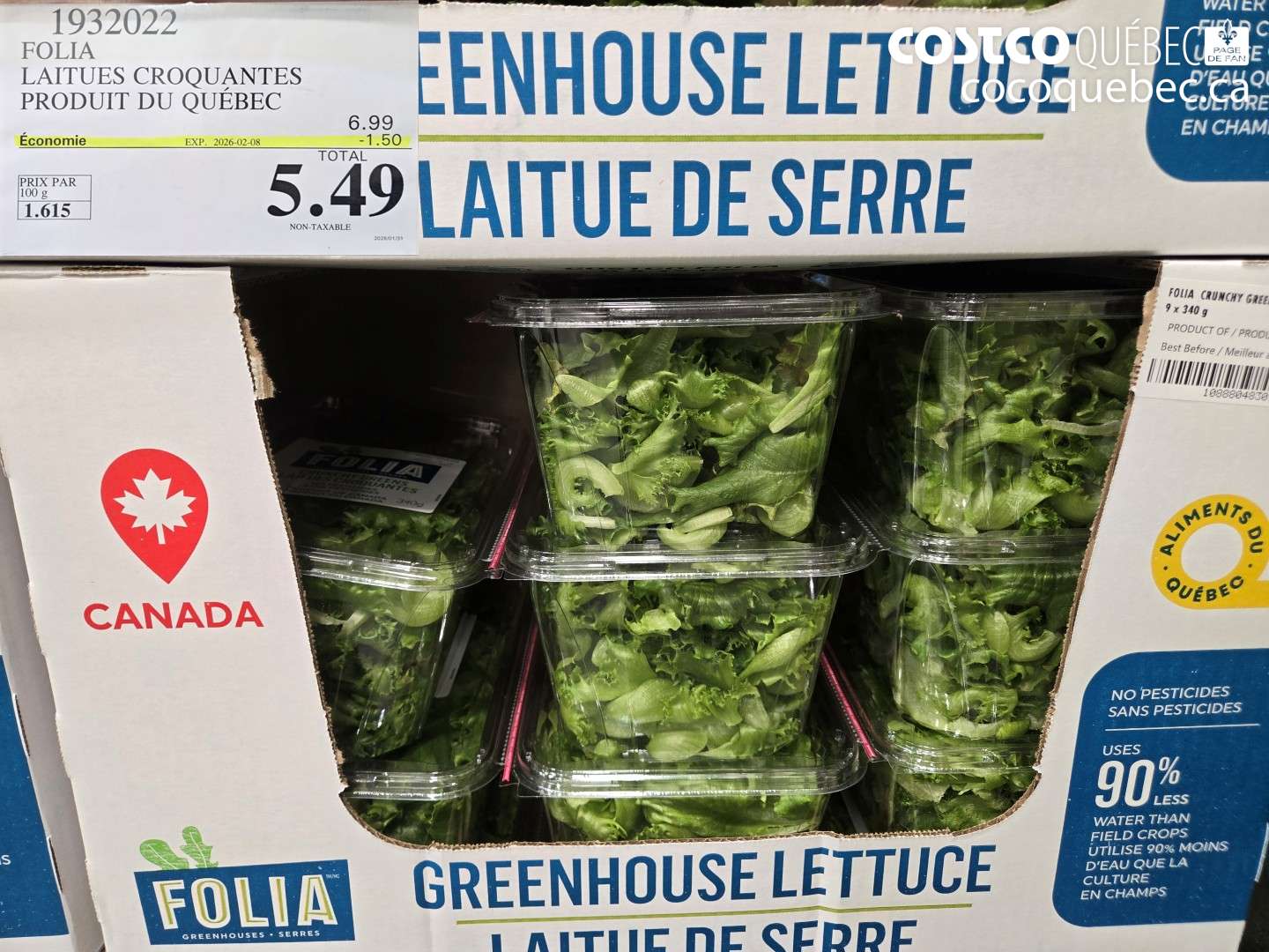 1932022 FOLIA LAITUES CROQUANTES PRODUIT DU QUÉBEC ($1.50 INSTANT SAVINGS EXPIRES ON 2026-02-08) $5.49