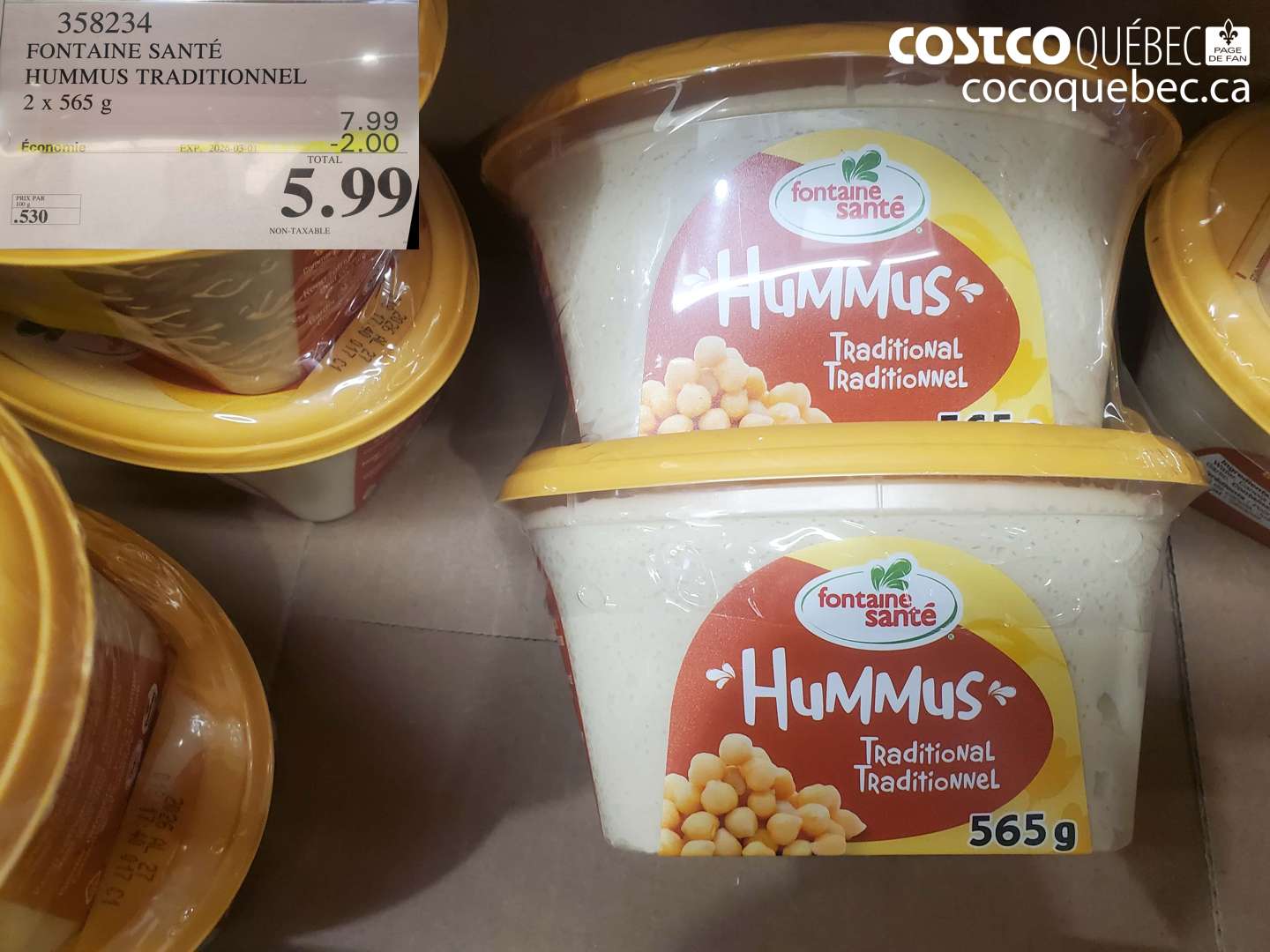358234 FONTAINE SANTÉ HUMMUS TRADITIONNEL 2 X 565 G ($2.00 INSTANT SAVINGS EXPIRES ON 2026-03-01) $5.99