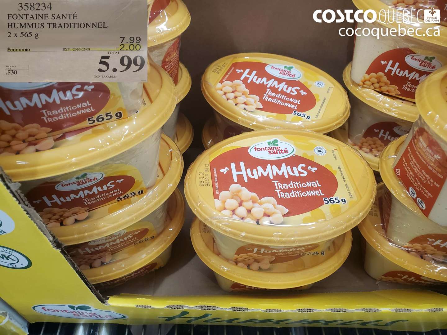 358234 FONTAINE SANTÉ HUMMUS TRADITIONNEL 2 x 565 g ($2.00 INSTANT SAVINGS EXPIRES ON 2026-02-08) $5.99