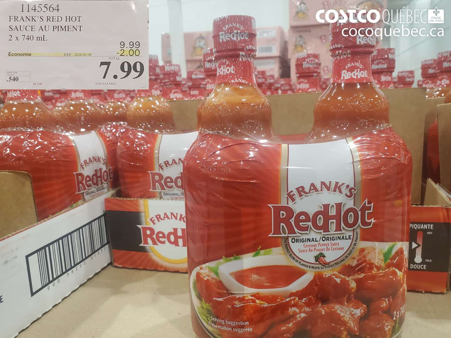 1145564 FRANK'S RED HOT SAUCE AU PIMENT 2 x 740 mL ($2.00 INSTANT SAVINGS EXPIRES ON 2026-02-08) $7.99