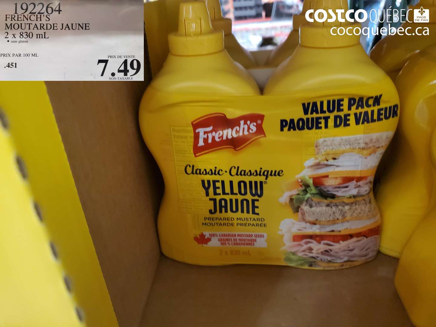 192264 FRENCH'S MOUTARDE JAUNE 2 x 830 mL $7.49