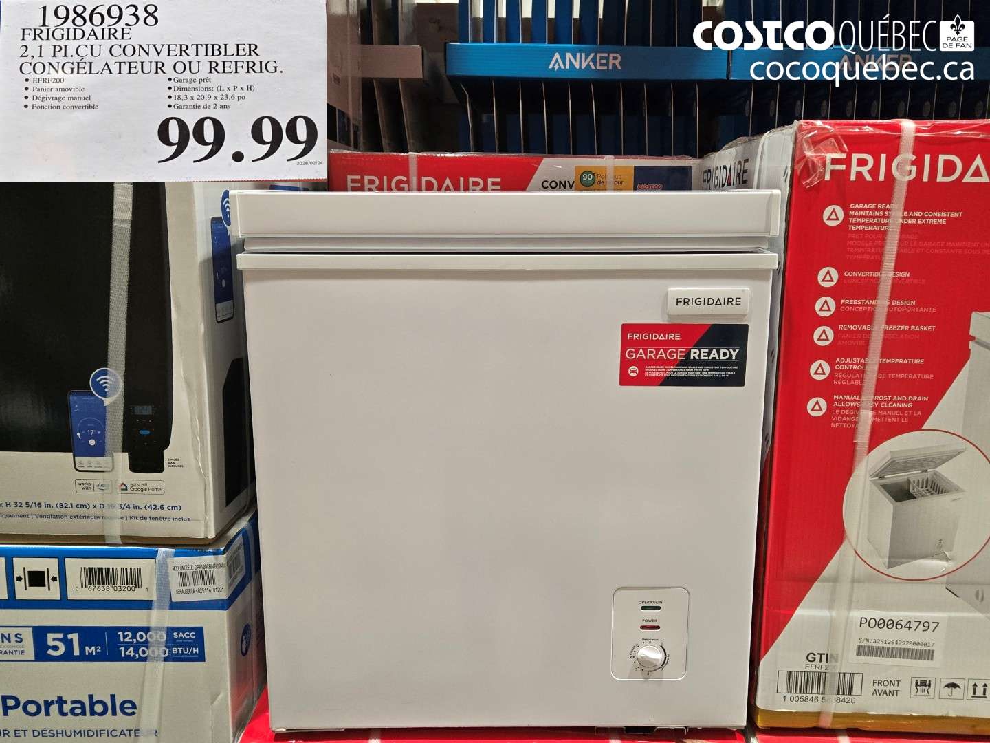 1986938 FRIGIDAIRE 2,1 PI. CU CONVERTIBLER CONGÉLATEUR OU REFRIG. $99.99