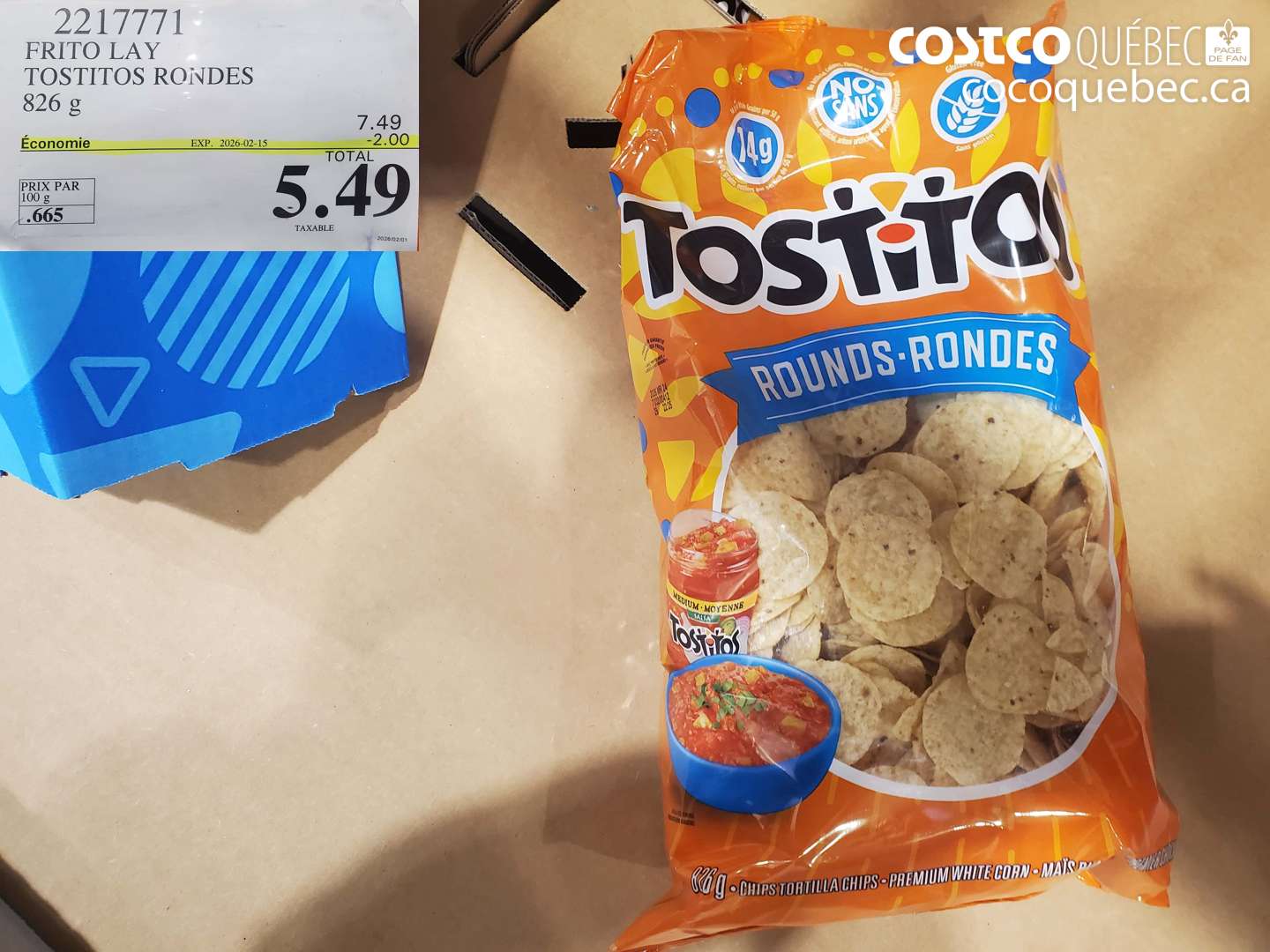 2217771 FRITO LAY TOSTITOS RONDES 826 g ($2.00 INSTANT SAVINGS EXPIRES ON 2026-02-15) $5.49