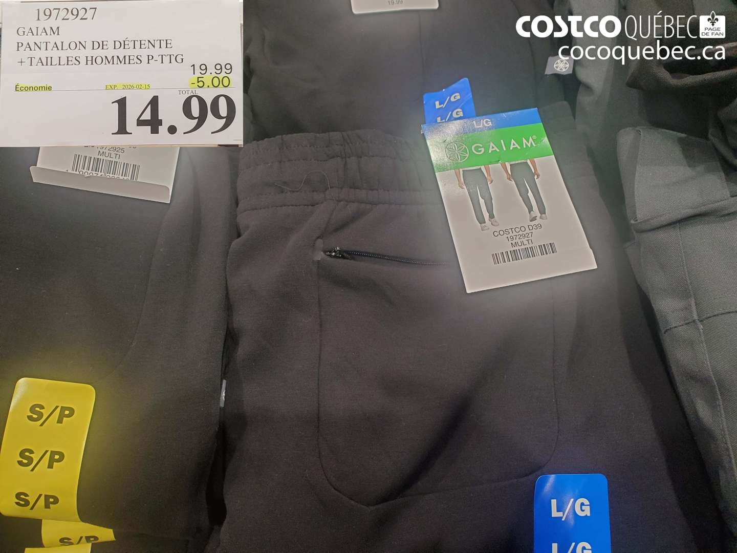 1972927 GAIAM PANTALON DE DÉTENTE +TAILLES HOMMES P-PTG ($5.00 INSTANT SAVINGS EXPIRES ON 2026-02-15) $14.99