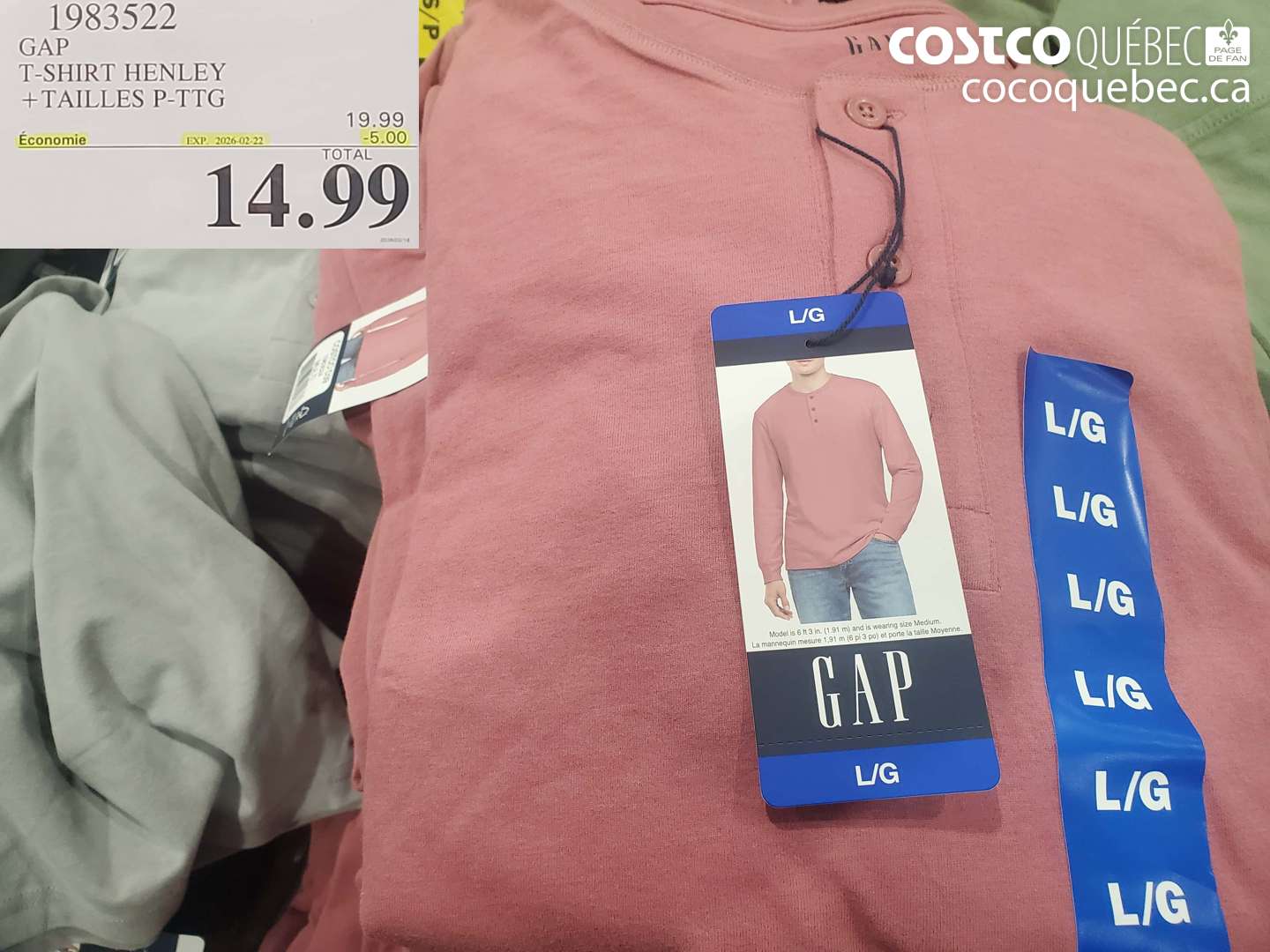 1983522 GAP T-SHIRT HENLEY +TAILLES P-PTG ($5.00 INSTANT SAVINGS EXPIRES ON 2026-02-22) $14.99