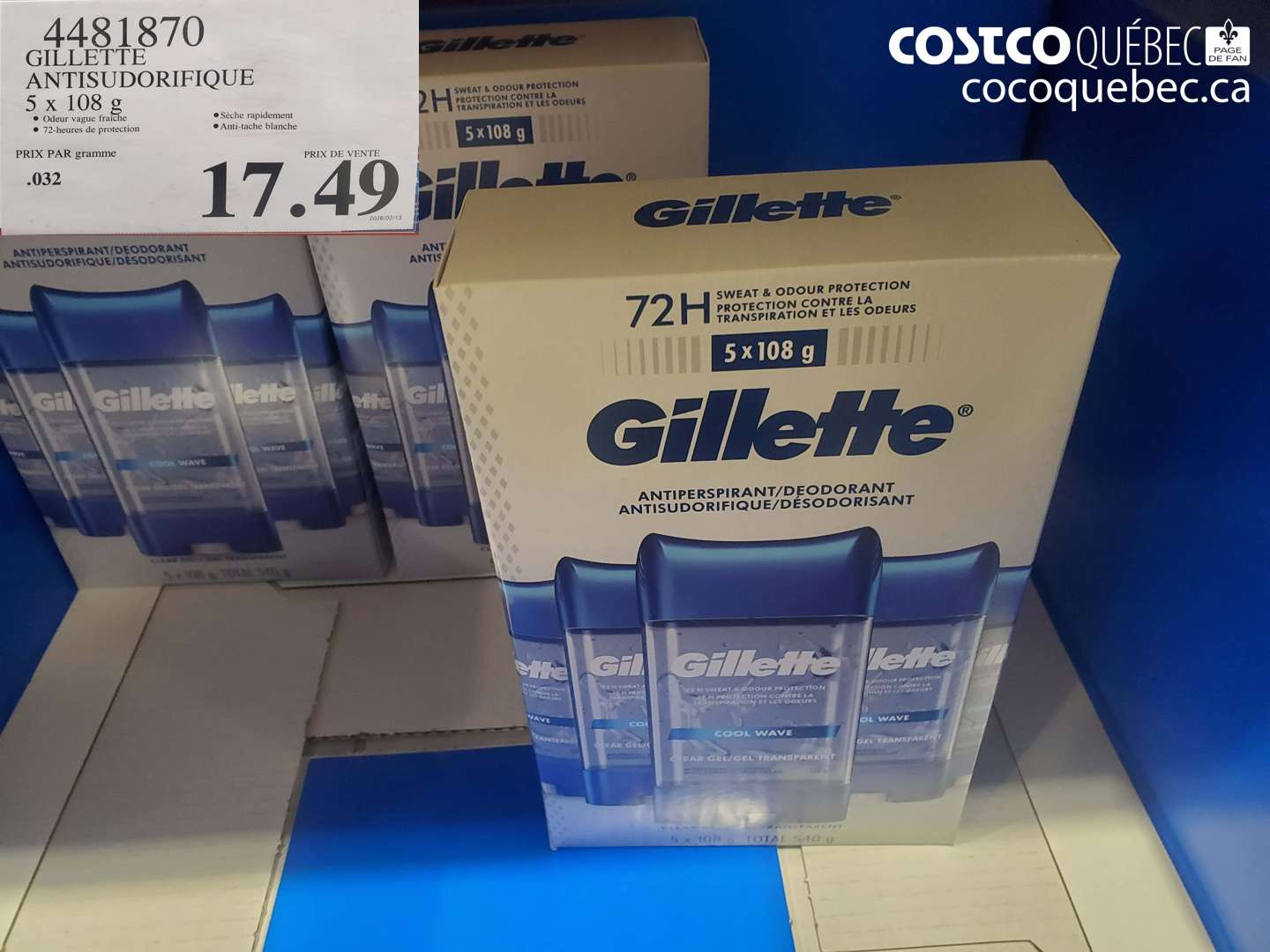 4481870 GILLETTE ANTISUDORIFIQUE 5 X 108 G $17.49