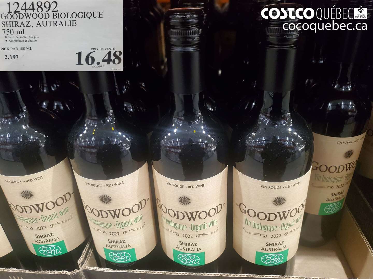 1244892 GOODWOOD BIOLOGIQUE SHIRAZ, AUSTRALIE 750 ml $16.48