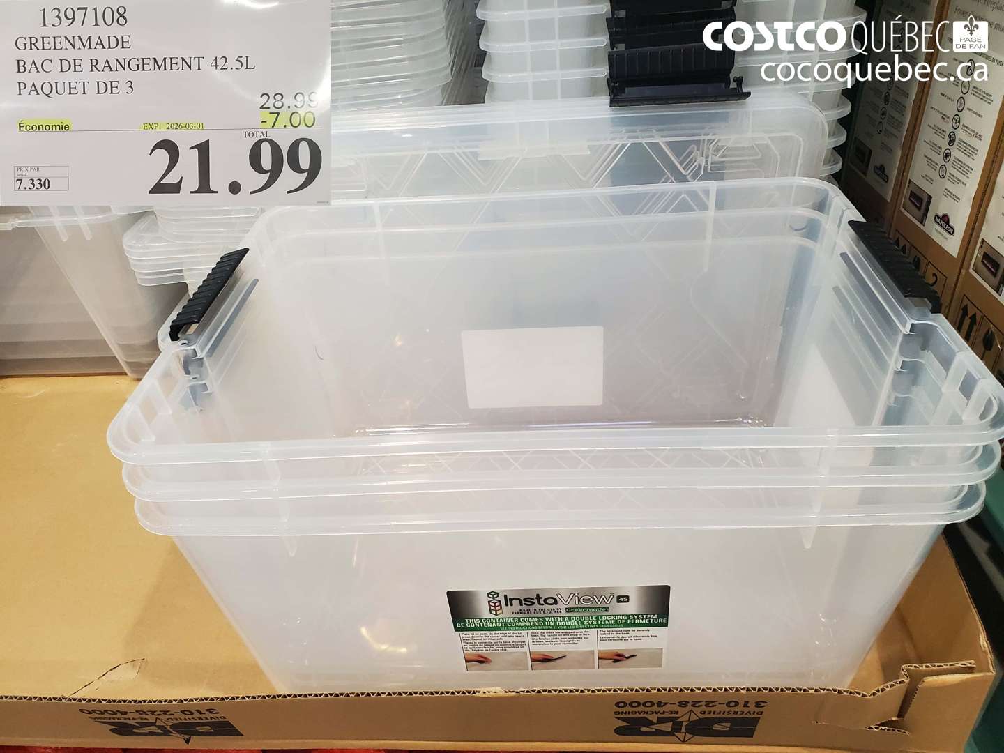 1397108 GREENMADE BAC DE RANGEMENT 42.5L PAQUET DE 3 ($7.00 INSTANT SAVINGS EXPIRES ON 2026-03-01) $21.99