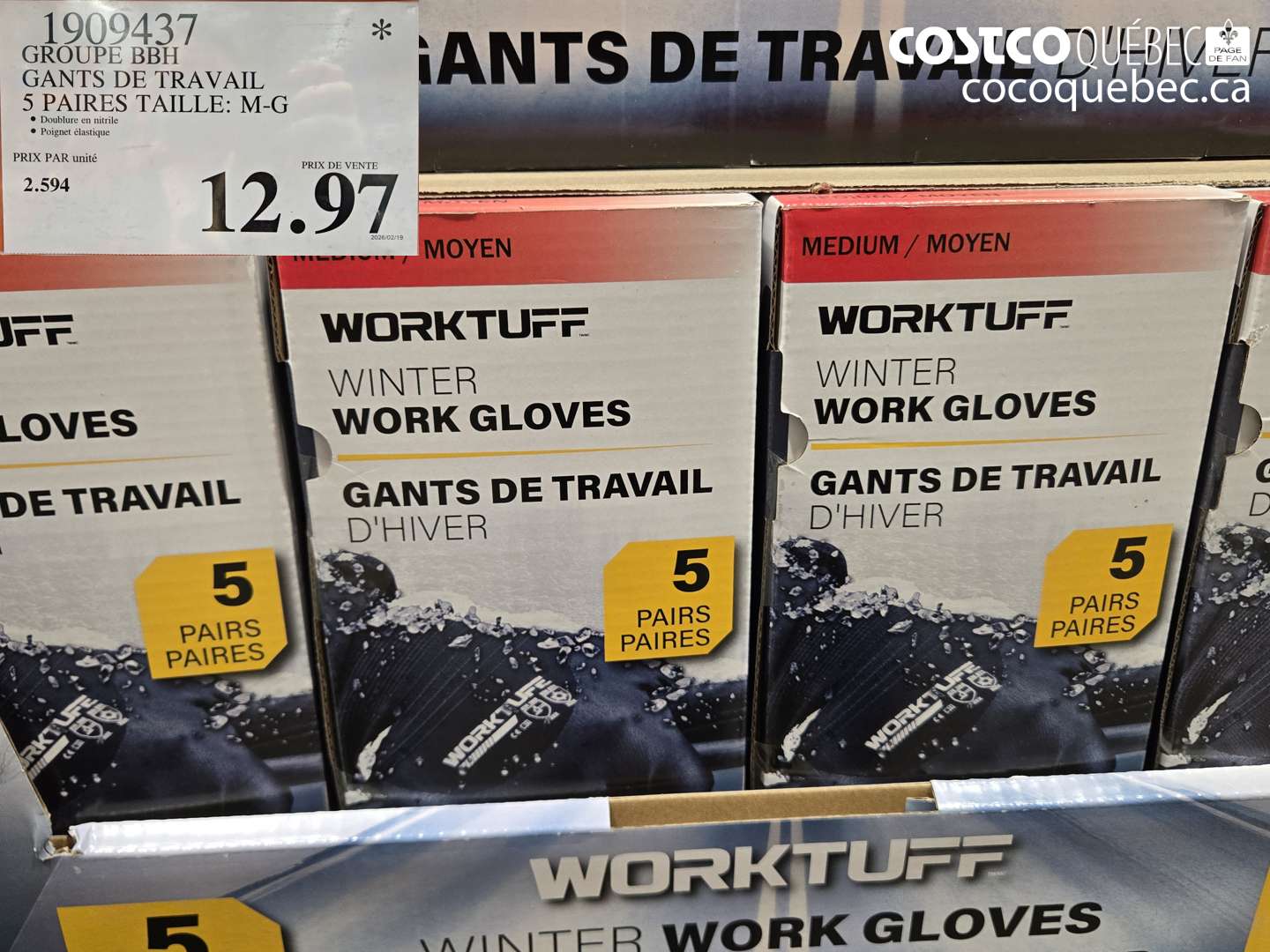 1909437 GROUPE BBH GANTS DE TRAVAIL 5 PAIRES TAILLE: M-G $12.97