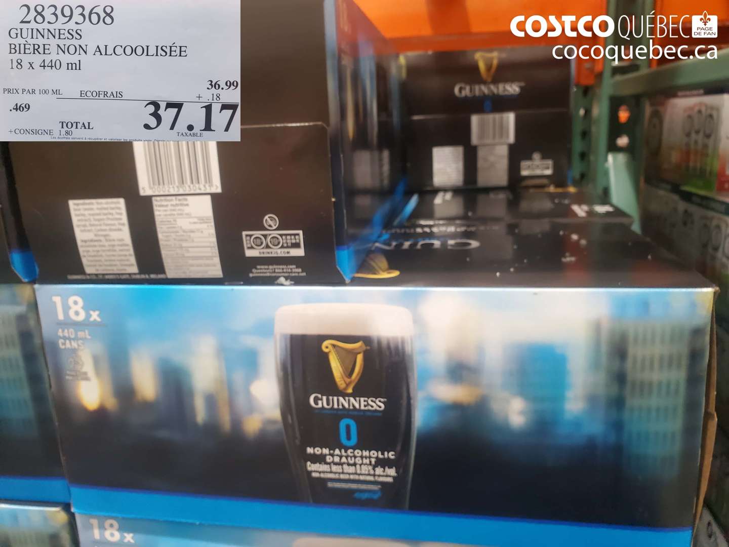 2839368 GUINNESS BIÈRE NON ALCOOLISÉE 18 x 440 ml $37.17