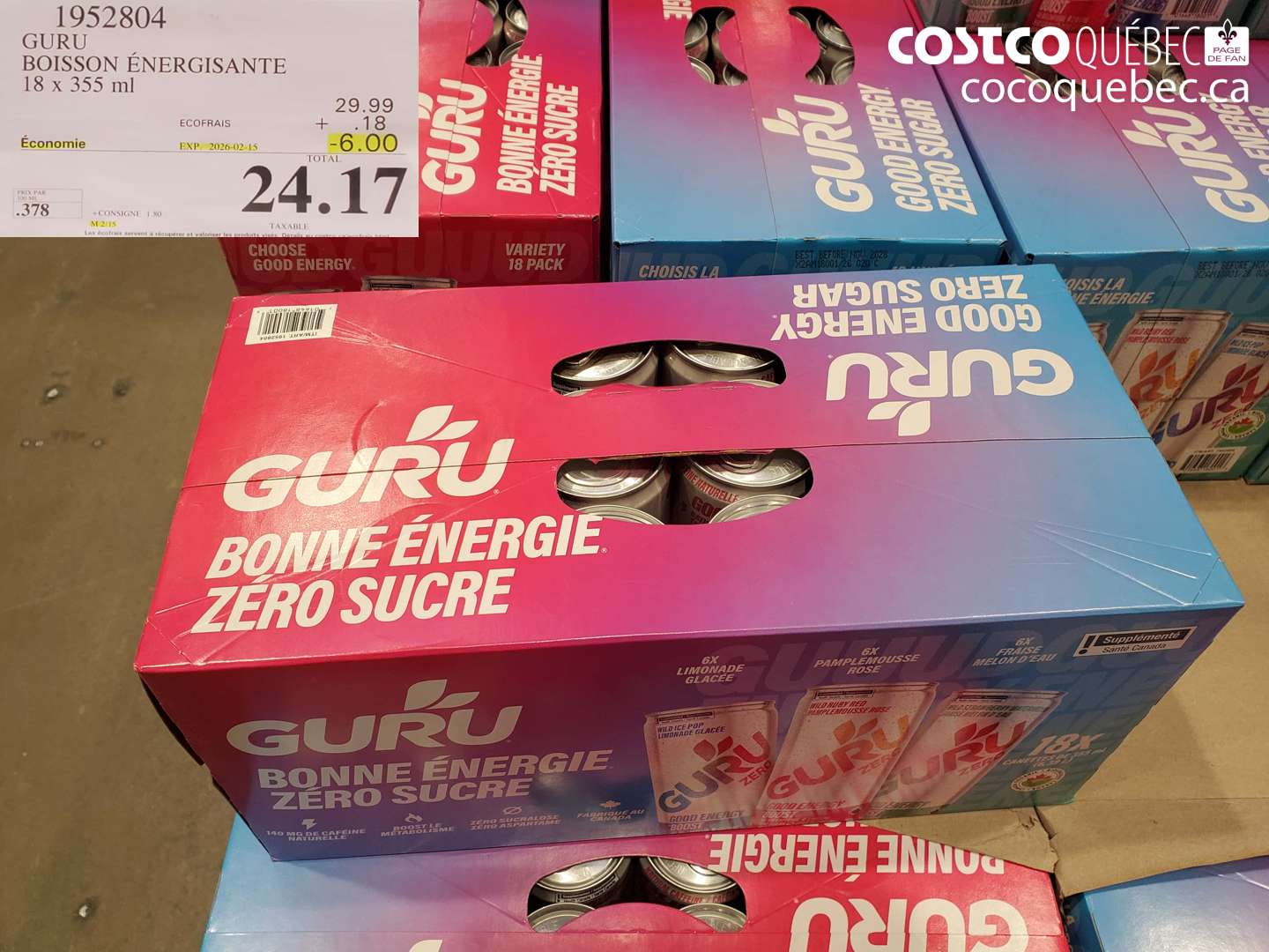 1952804 GURU BOISSON ÉNERGISANTE 18 x 355 ml ($6.00 INSTANT SAVINGS EXPIRES ON 2026-02-15) $24.17
