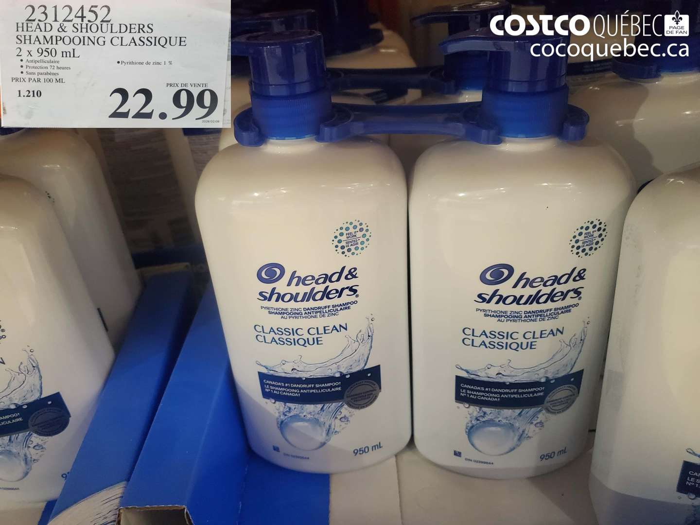2312452 HEAD & SHOULDERS SHAMPOOING CLASSIQUE 2 X 950 ML $22.99