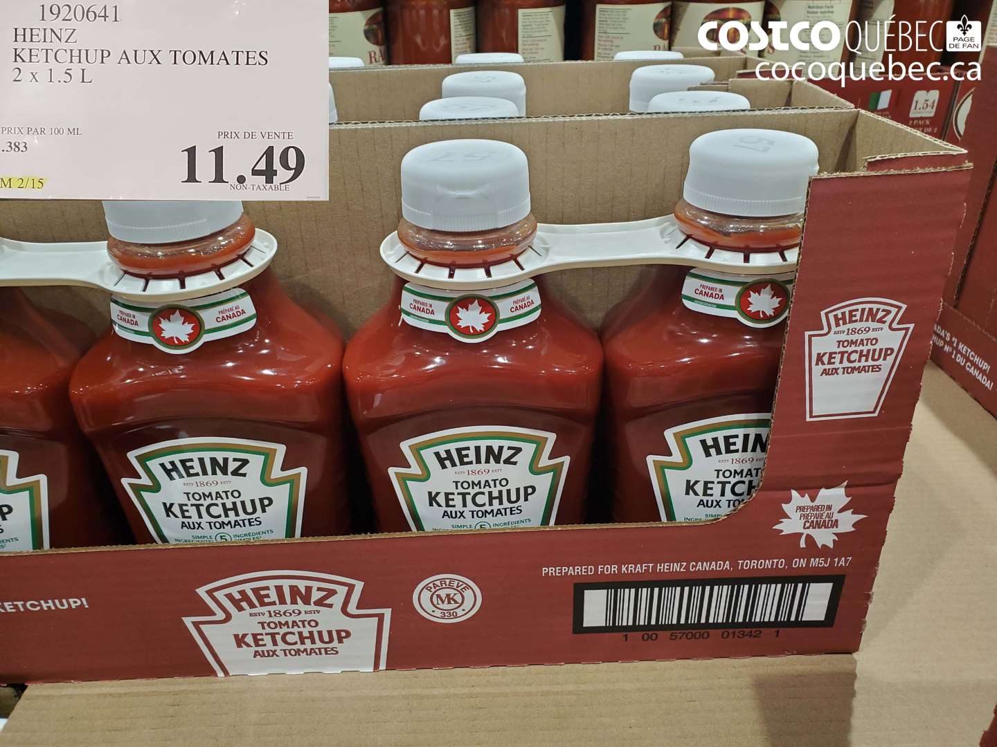 1920641 HEINZ KETCHUP AUX TOMATES 2 x 1.5 L $11.49