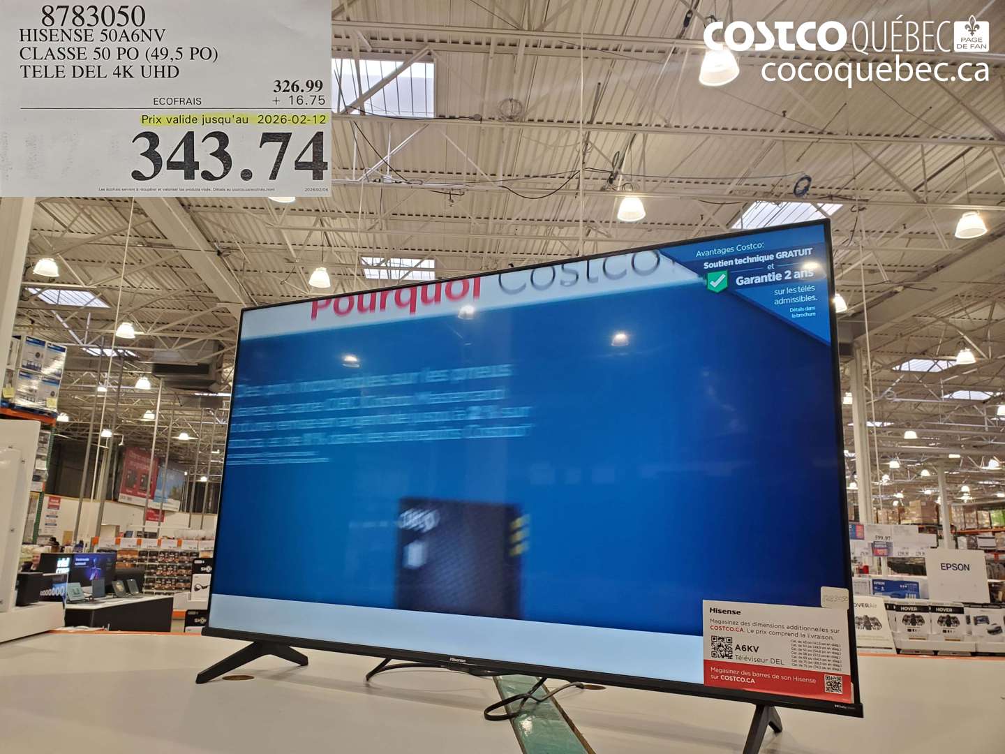 8783050 HISENSE 50ANV; CLASSE 50 PO (49,5 PO); TELE DEL 4K UHD (EXPIRES ON 2026-02-12) $343.74