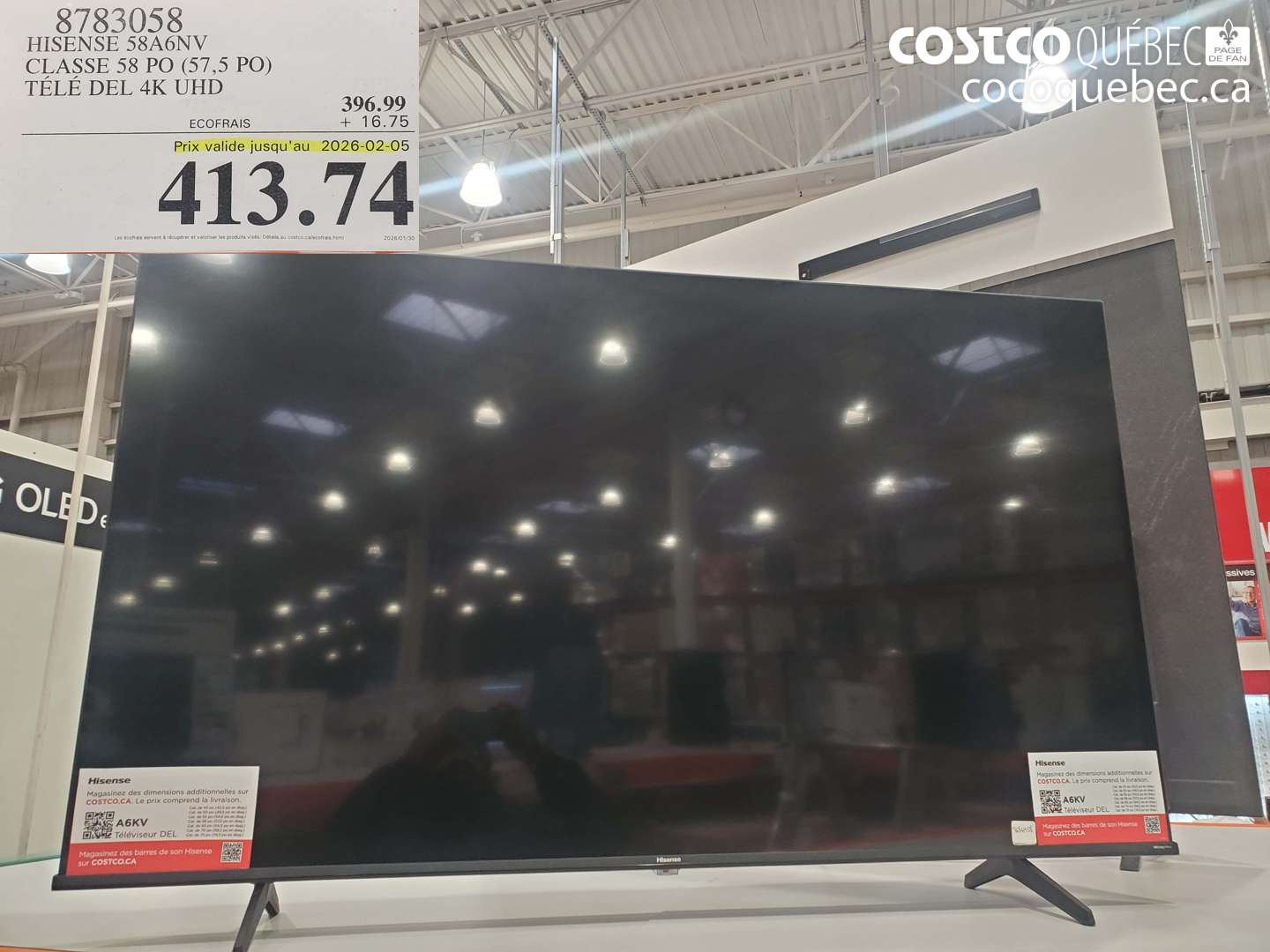 8783058 HISENSE 58A6NV CLASSE 58 PO (57,5 PO) TÉLÉ DEL 4K UHD (EXPIRES ON 2026-02-05) $413.74