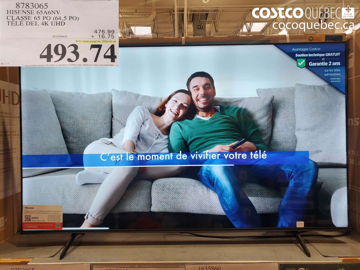 8783065 HISENSE 65ANV CLASS 65 PO (64,5 PO) TÉLÉ DEL 4K UHD (EXPIRES ON 2026-02-05) $493.74