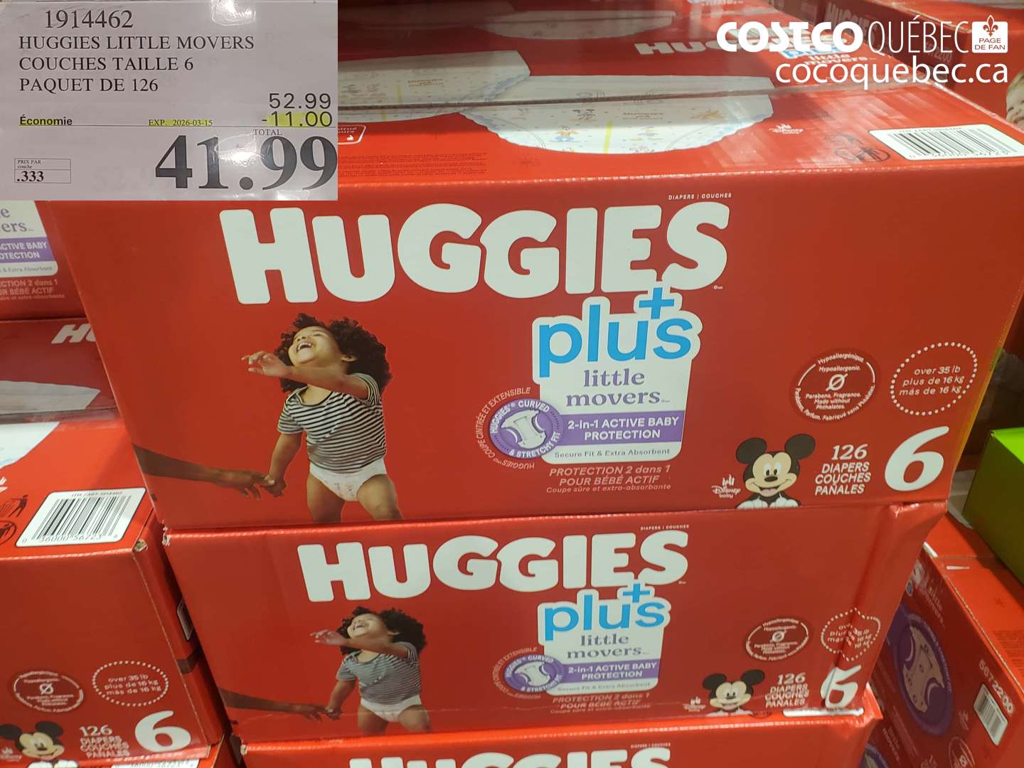 1914462 HUGGIES LITTLE MOVERS COUCHES TAILLE 6 PAQUET DE 126 ($11.00 INSTANT SAVINGS EXPIRES ON 2026-03-15) $41.99