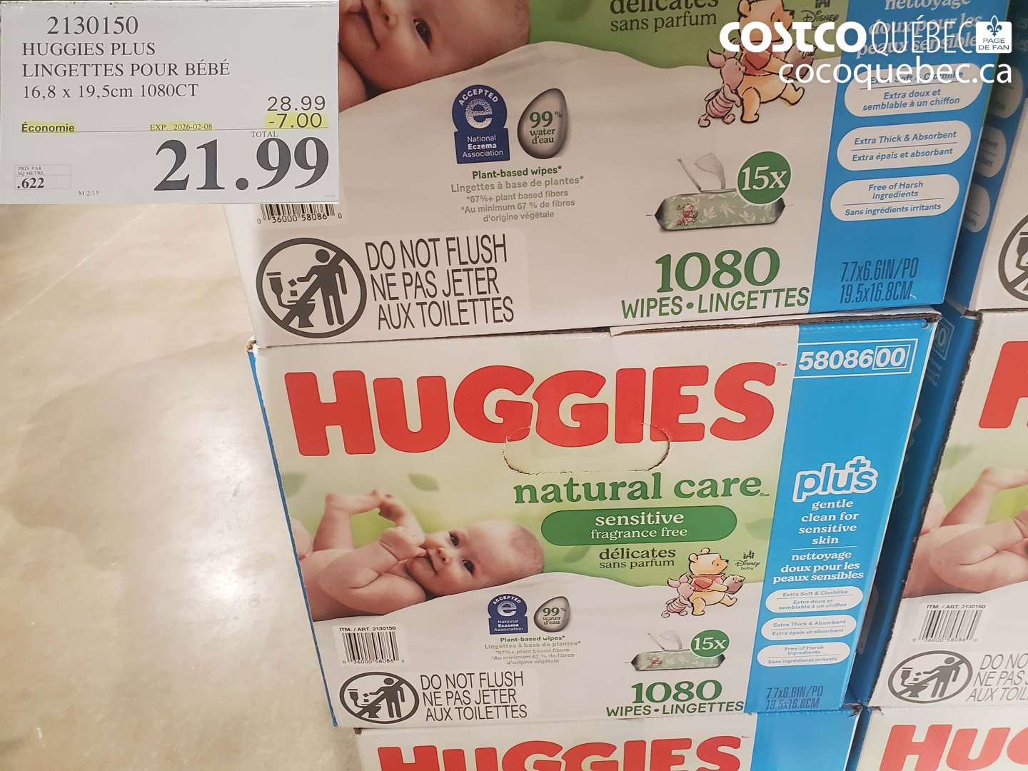 2130150 HUGGIES PLUS LINGETTES POUR BÉBÉ 16,8 x 19,5cm 1080CT ($7.00 INSTANT SAVINGS EXPIRES ON 2026-02-08) $21.99