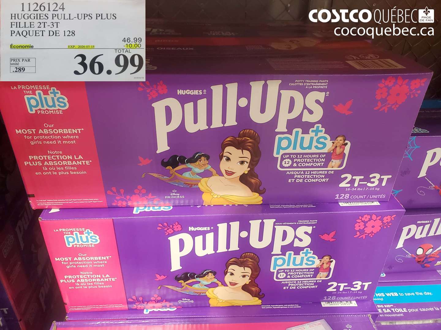 1126124 HUGGIES PULL-UPS PLUS FILLE 2T-3T PAQUET DE 128 ($10.00 INSTANT SAVINGS EXPIRES ON 2026-03-15) $36.99