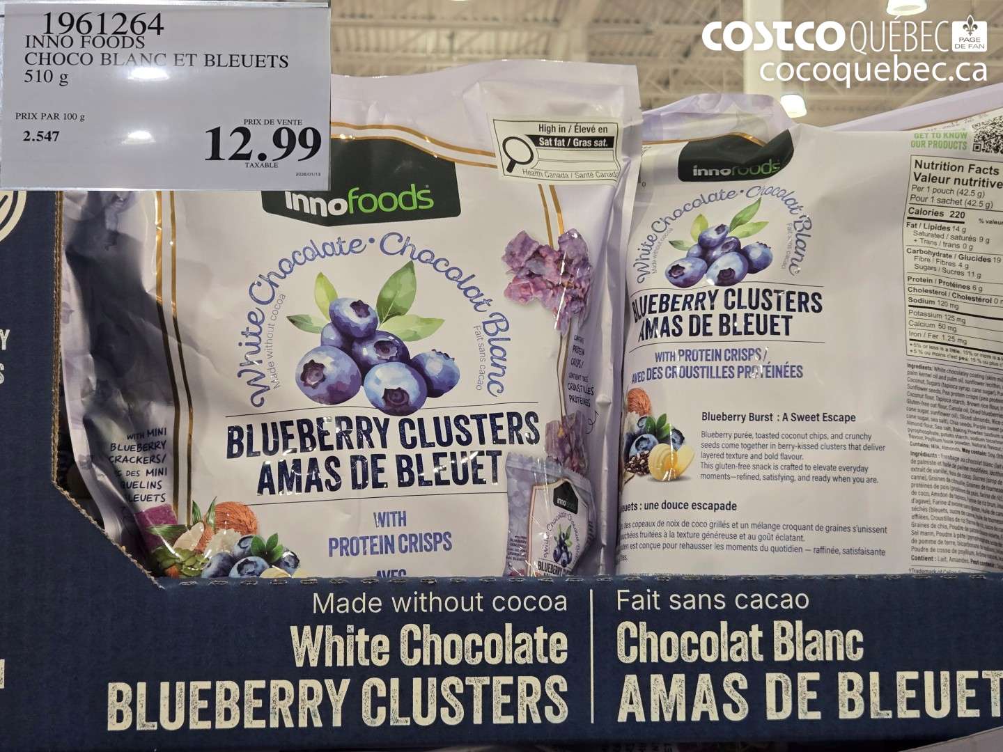 1961264 INNO FOODS CHOCO BLANC ET BLEUETS 510 g $12.99