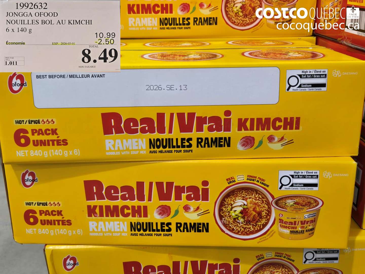 1992632 JONGGA OFOOD NOUILLES BOL AU KIMCHI 6 X 140 G ($2.50 INSTANT SAVINGS EXPIRES ON 2026-03-01) $8.49